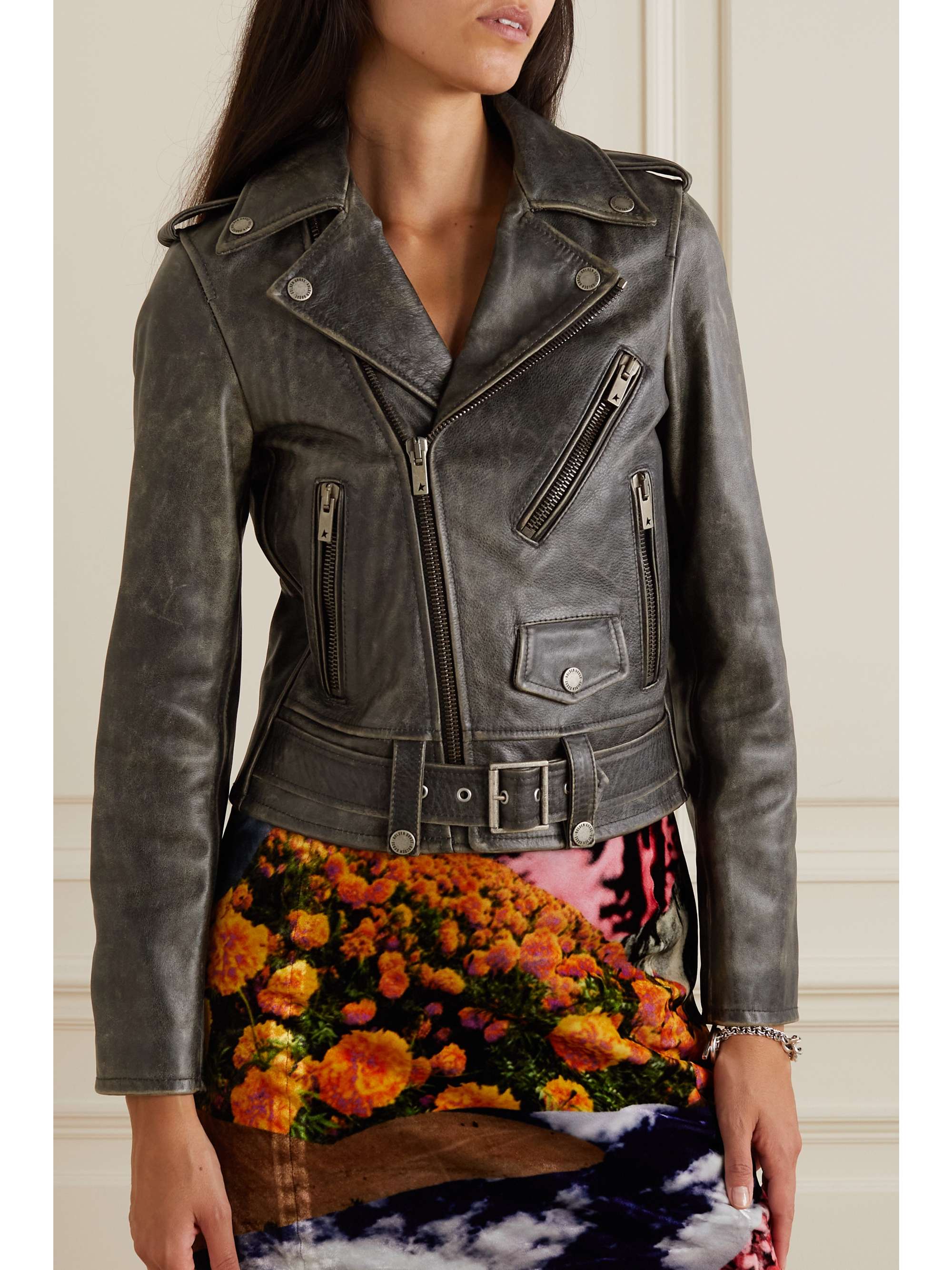 GOLDEN GOOSE Belted distressed leather jacket