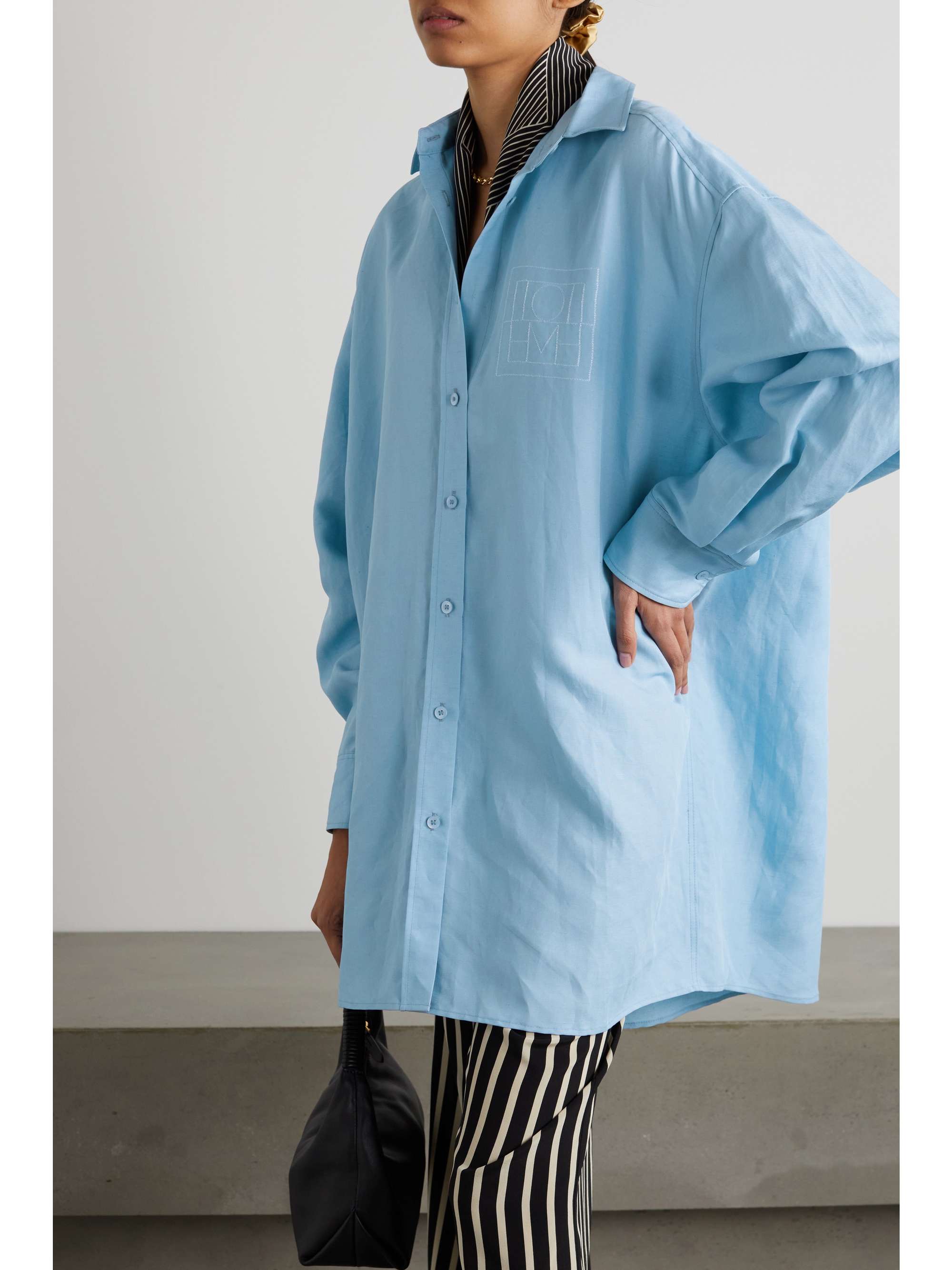 TOTEME Oversized embroidered TENCEL Lyocell and linen-blend chambray shirt  | NET-A-PORTER