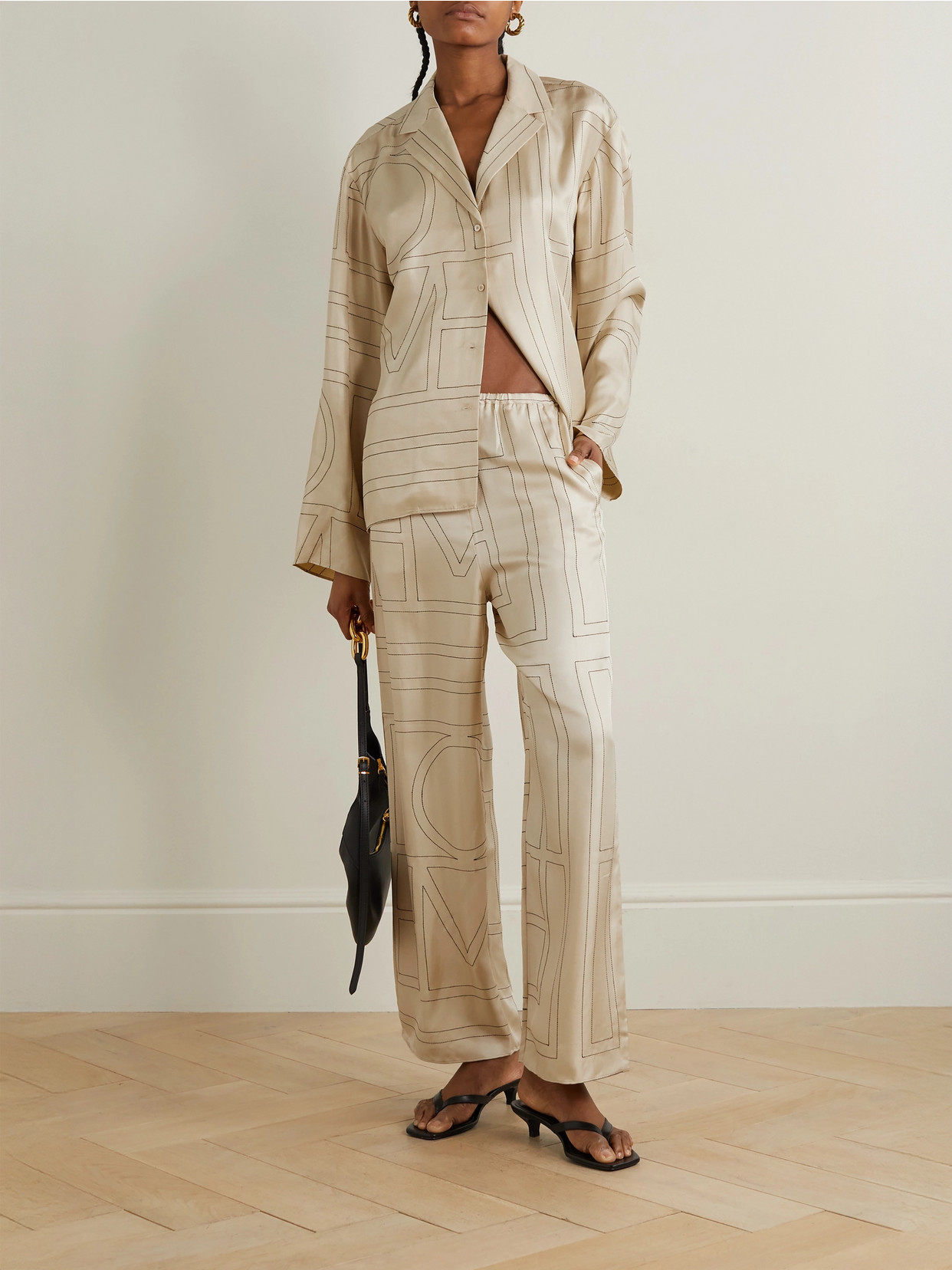 Totême Toteme Women's Ivory Monogram Monogram-embroidered Relaxed-fit Silk-twill Pyjama Top