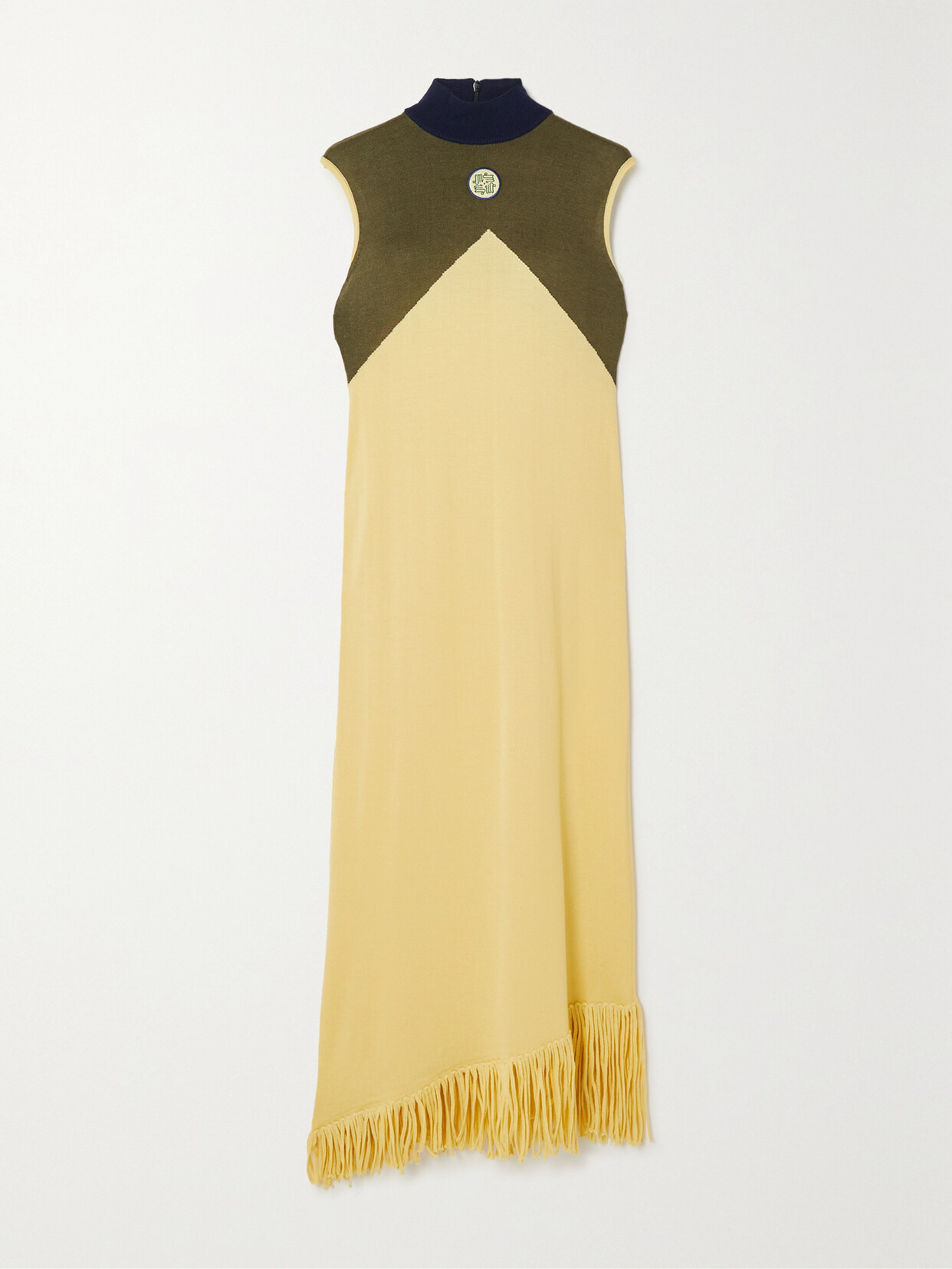 Lukhanyo Mdingi Asymmetric Fringed Color-block Merino Wool And Silk-blend Midi Dress - Yellow
