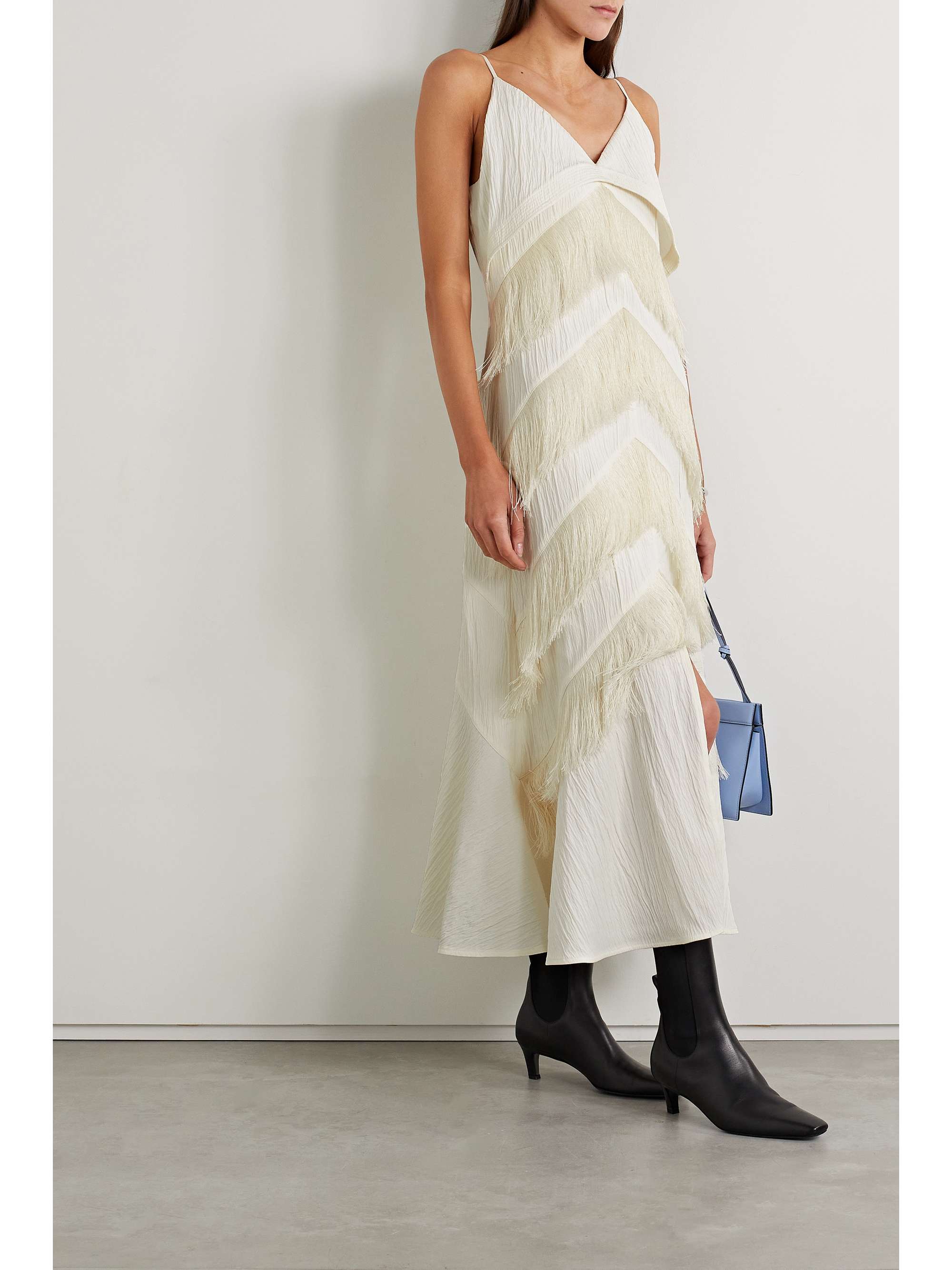 JIL SANDER Fringed seersucker midi dress