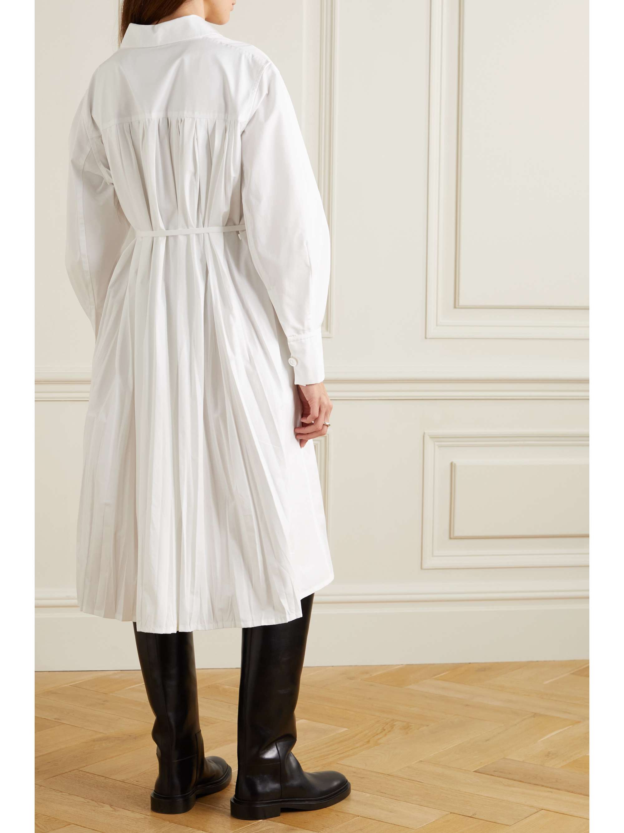 JIL SANDER Belted pleated cotton-poplin midi shirt dress