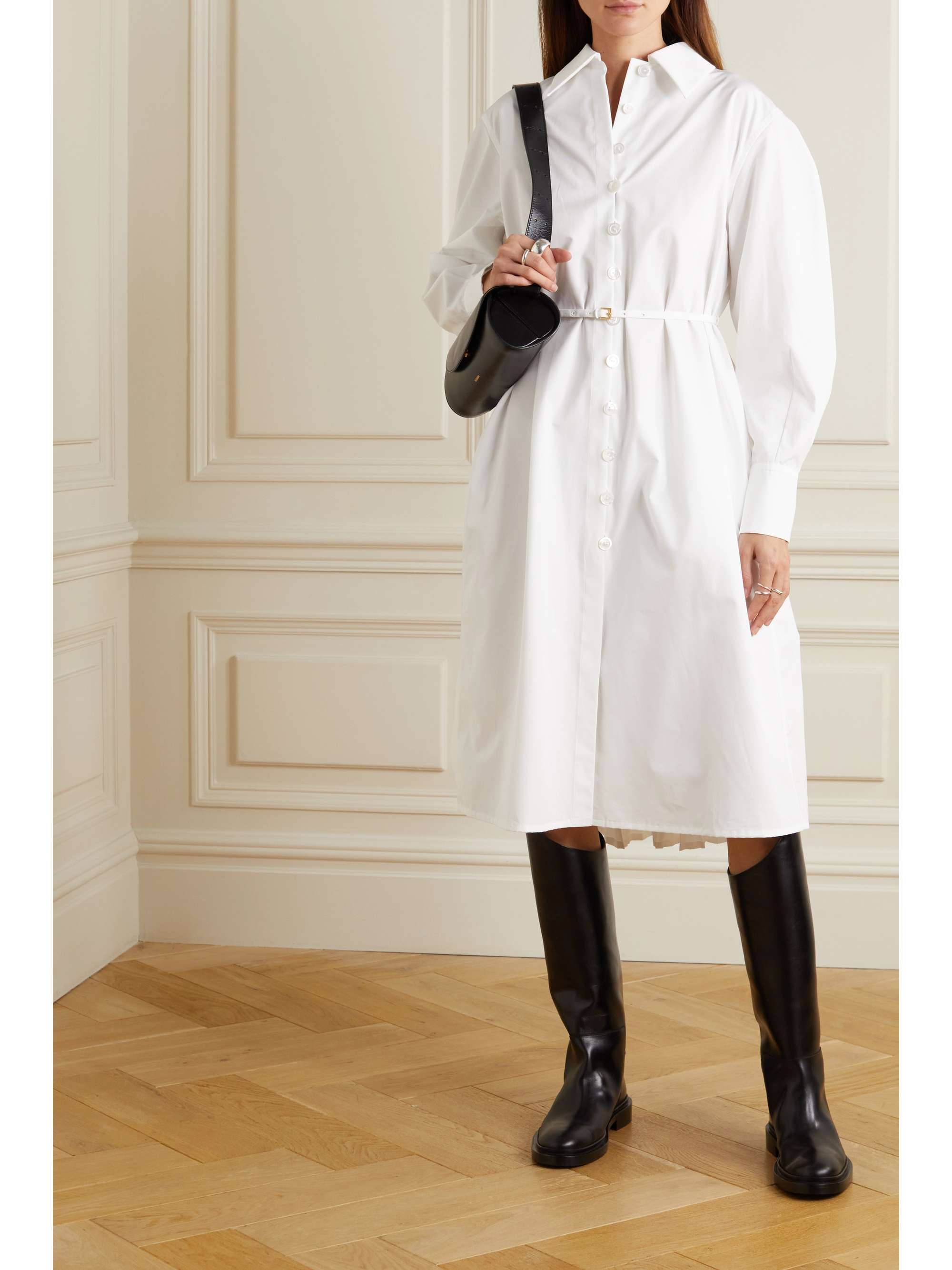 JIL SANDER Belted pleated cotton-poplin midi shirt dress