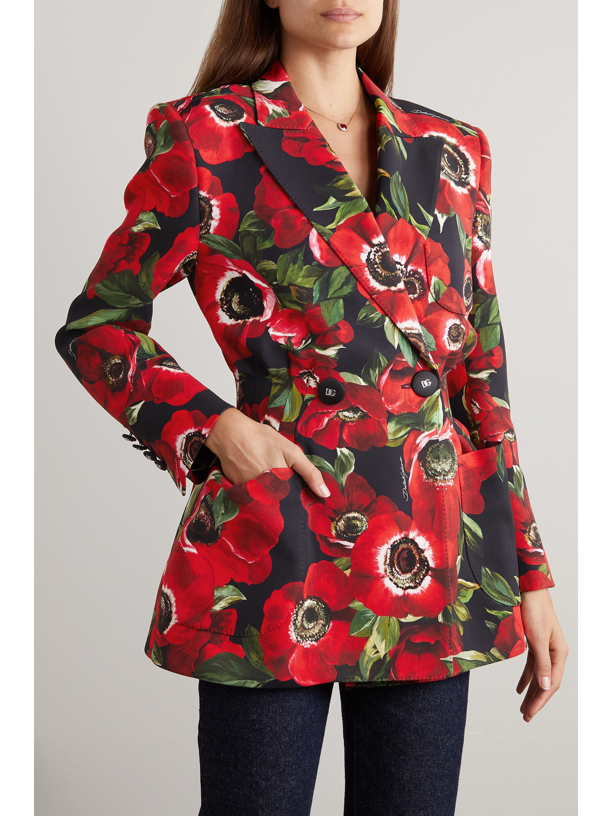 Dolce & Gabbana Double-breasted Floral-print Cady Blazer In Red