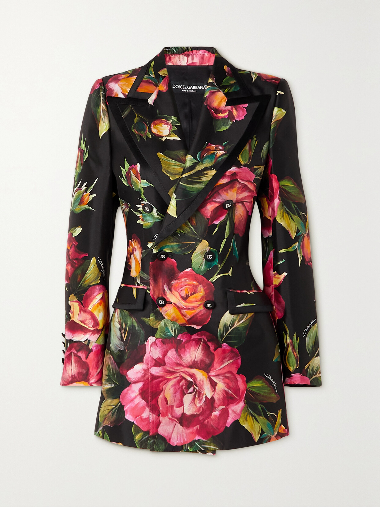 Dolce & Gabbana Double-breasted Satin-trimmed Floral-print Silk Blazer - Black