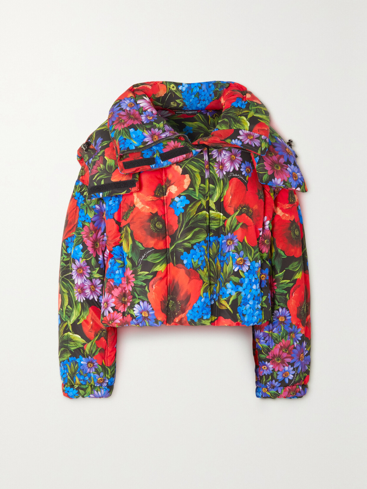 Dolce & Gabbana Cropped Padded Floral-print Shell Hooded Jacket In Blue