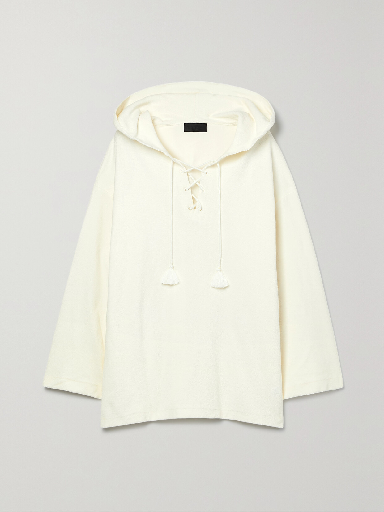 Shop Nili Lotan Henriette Hooded Lace-up Tasseled Cotton-terry Poncho In Ivory