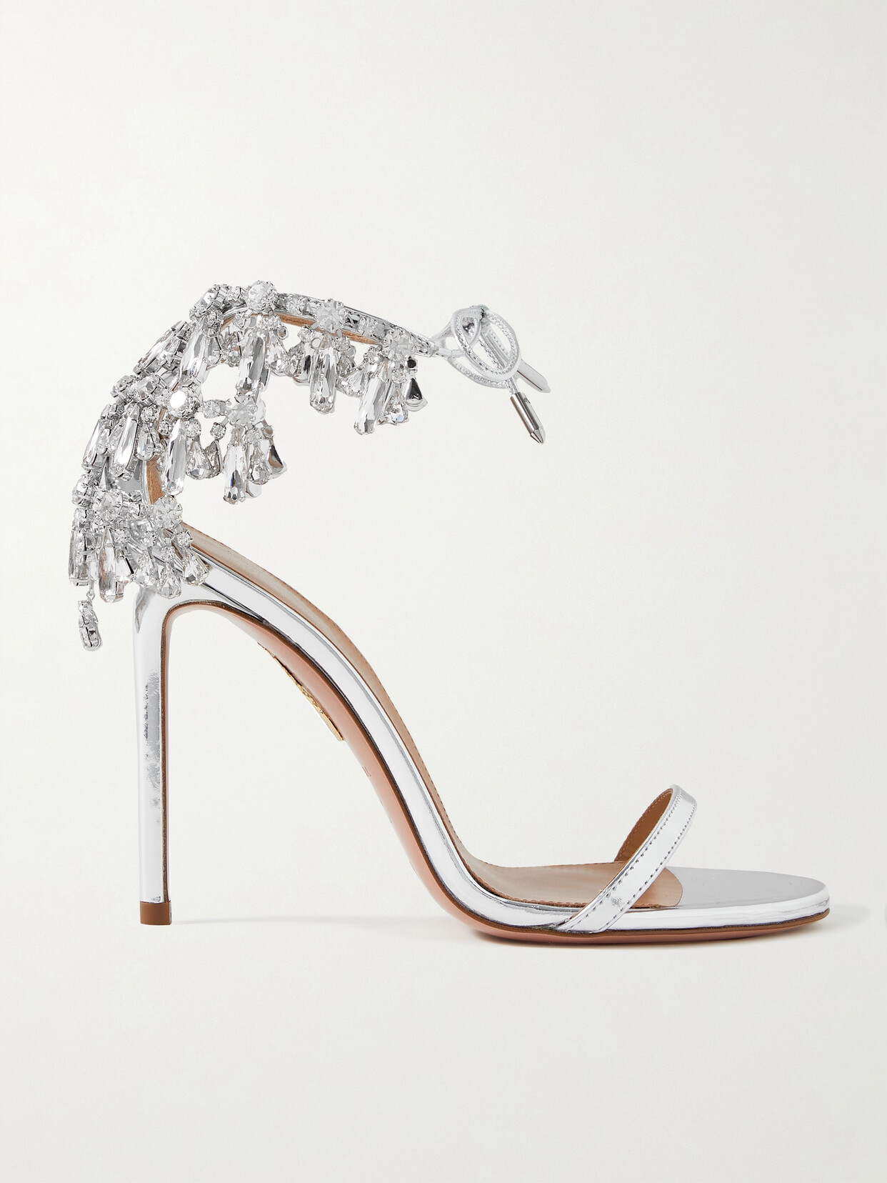 Aquazzura Moonwalk 105 Crystal-embellished Metallic Leather Sandals In Silver