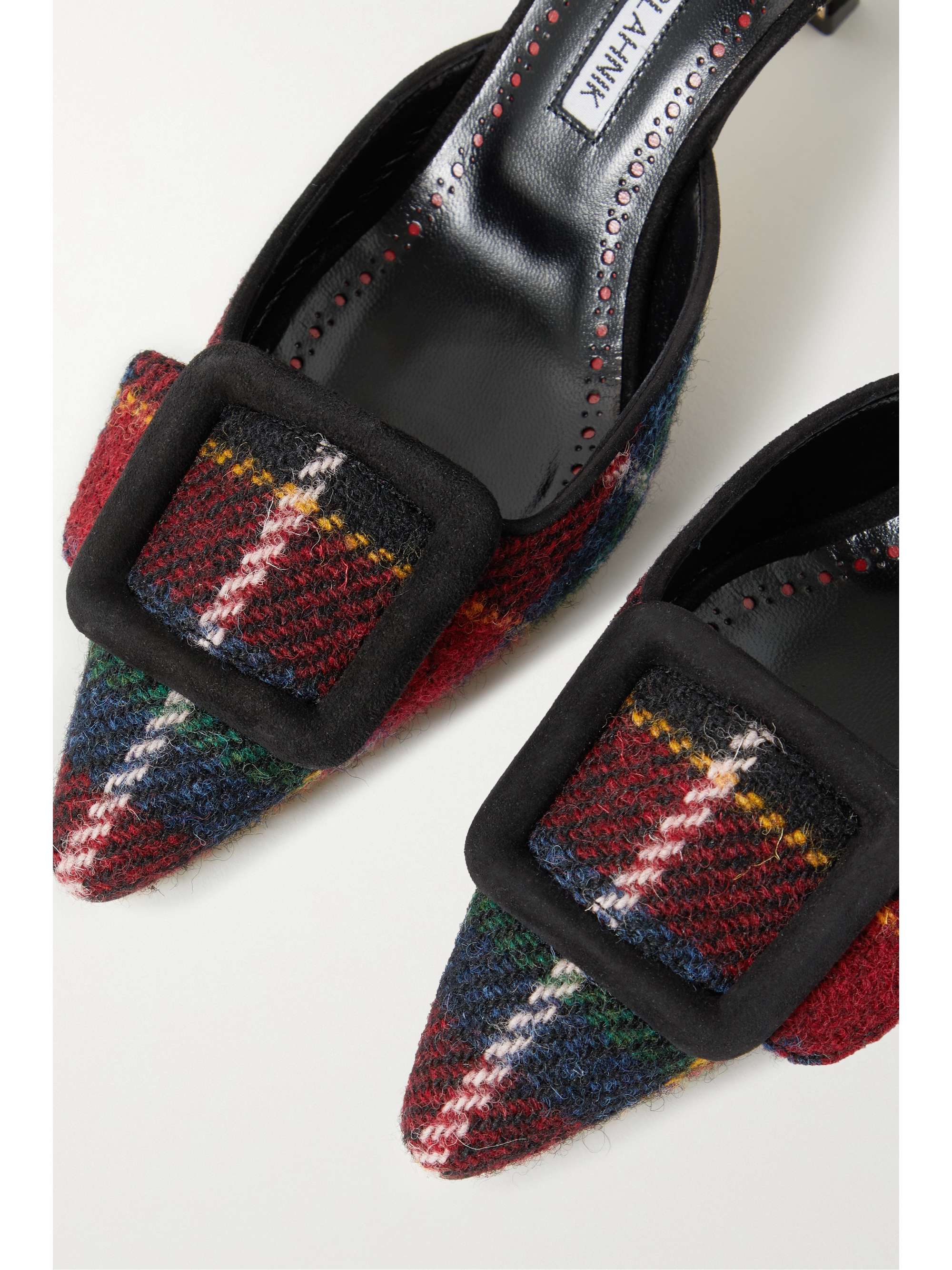 MANOLO BLAHNIK Maysale buckled checked wool and suede mules
