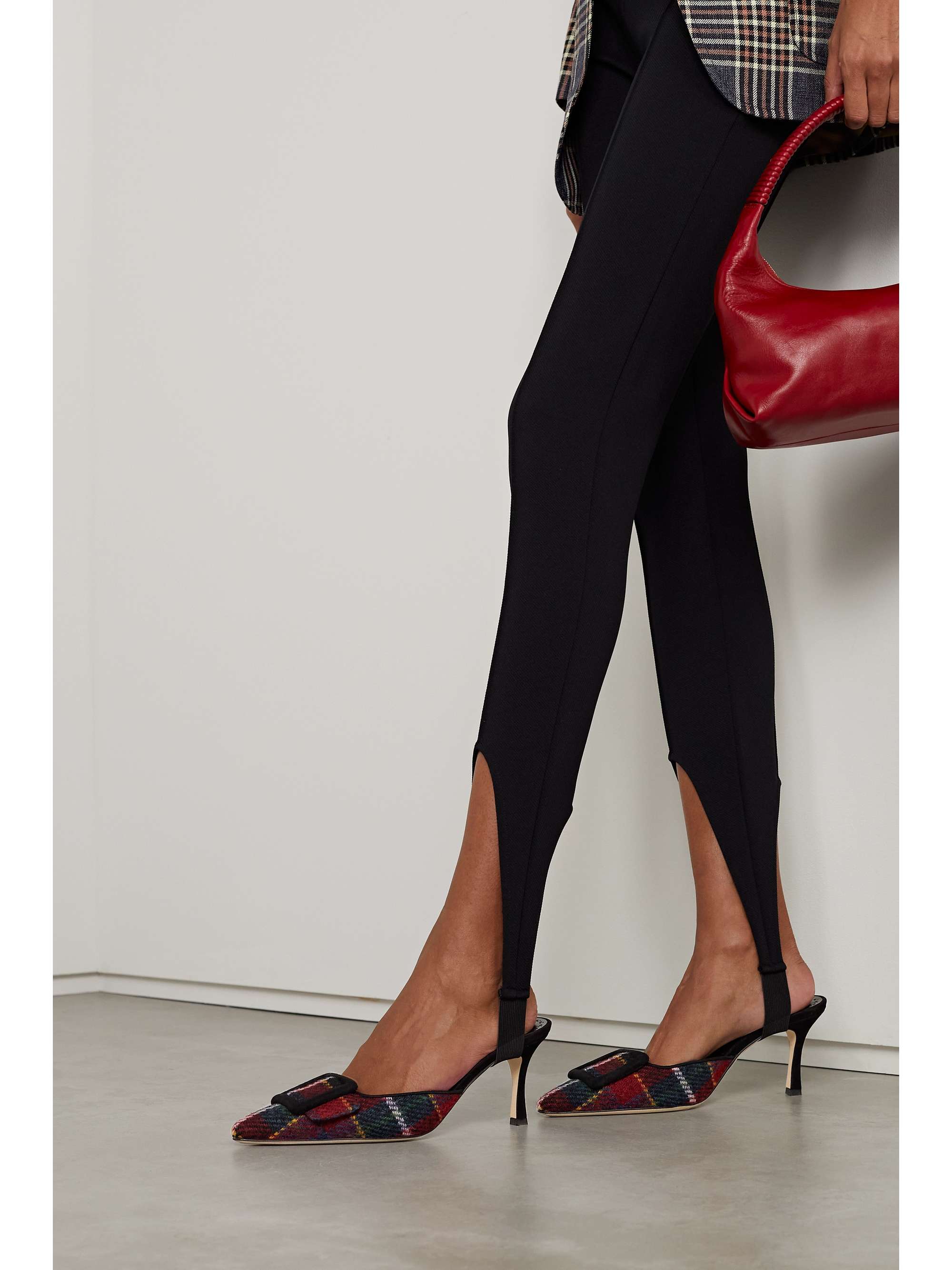 MANOLO BLAHNIK Maysale buckled checked wool and suede mules