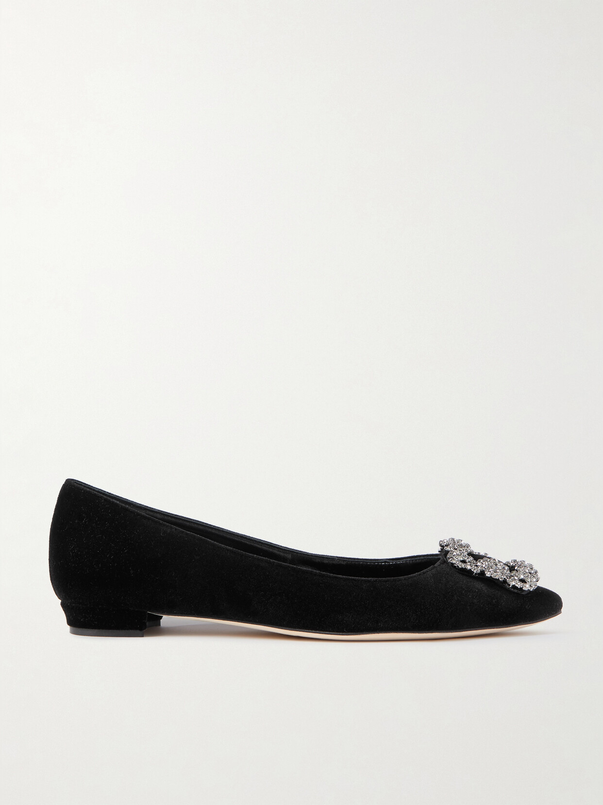 Shop Manolo Blahnik Hangisiflat Embellished Velvet Point-toe Flats In Black