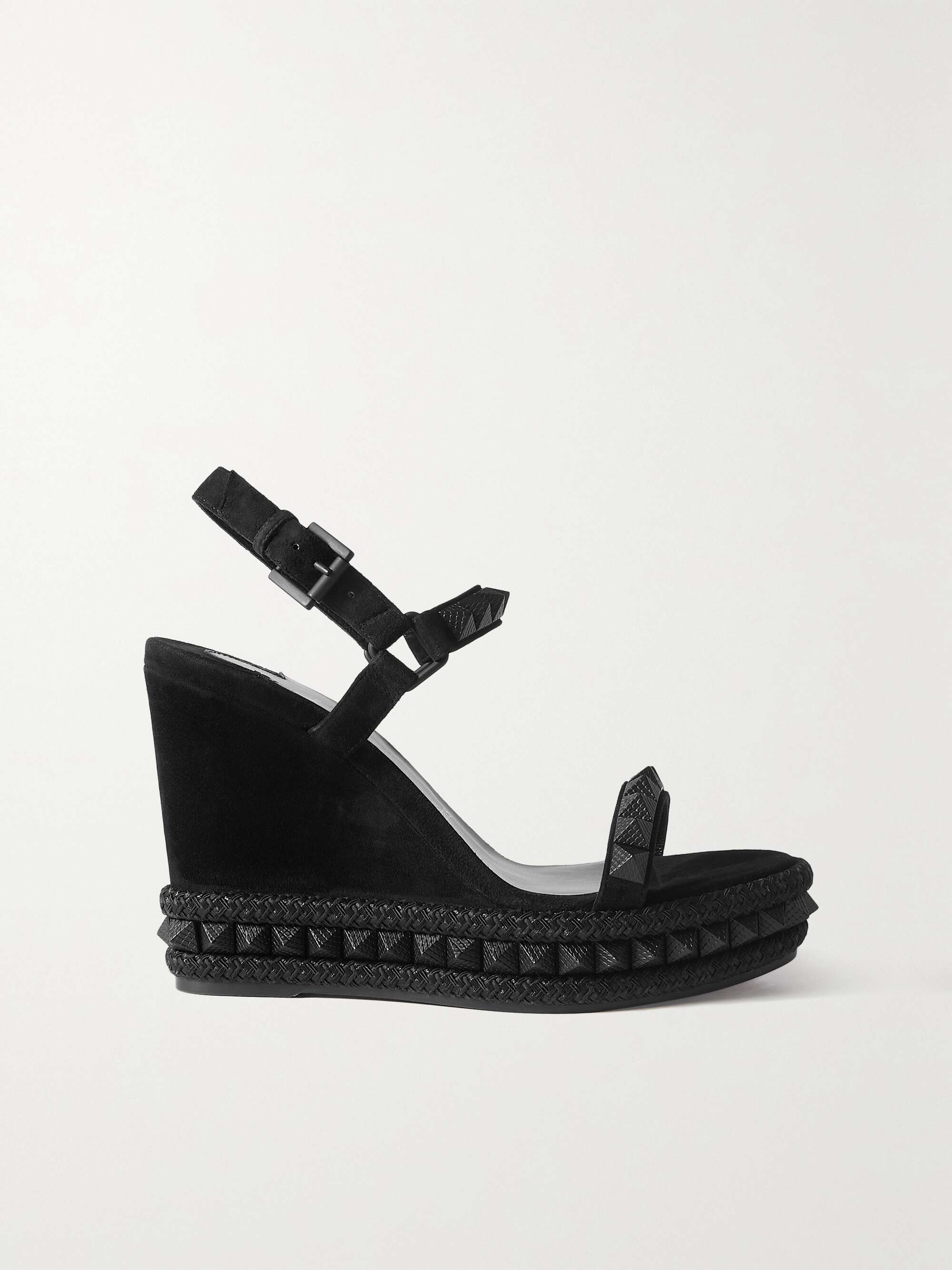 Christian Louboutin Pyraclou 110 Studded Velvet and Leather Wedge Sandals - Women - Black Espadrilles - IT39