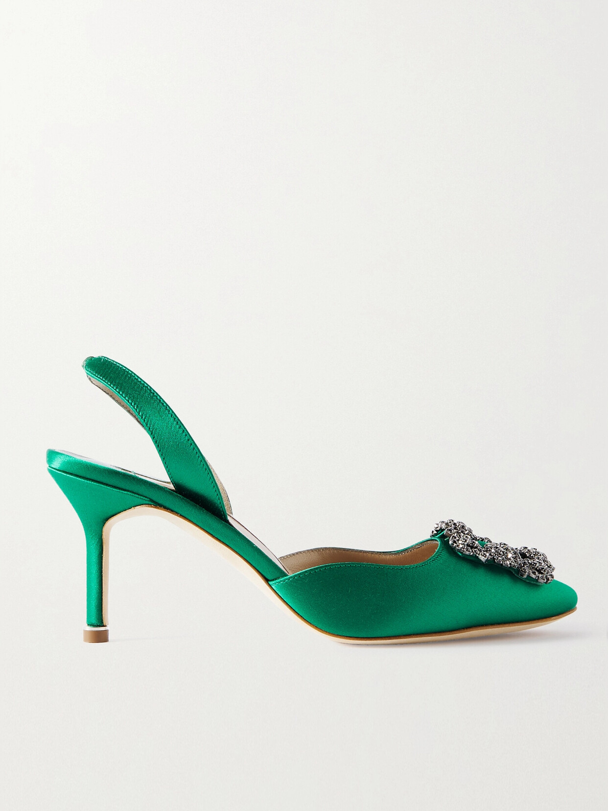 Shop Manolo Blahnik Hangisli 70 Embellished Satin Slingback Pumps In Green