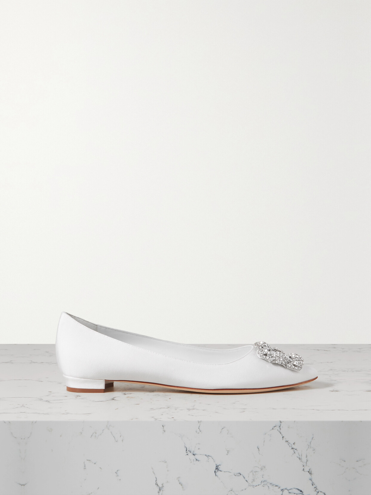 Manolo Blahnik Hangisiflat Crystal-embellished Satin Point-toe Flats In White