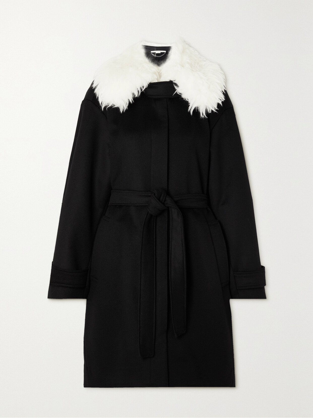 STELLA MCCARTNEY BELTED FAUX SHEARLING-TRIMMED WOOL COAT