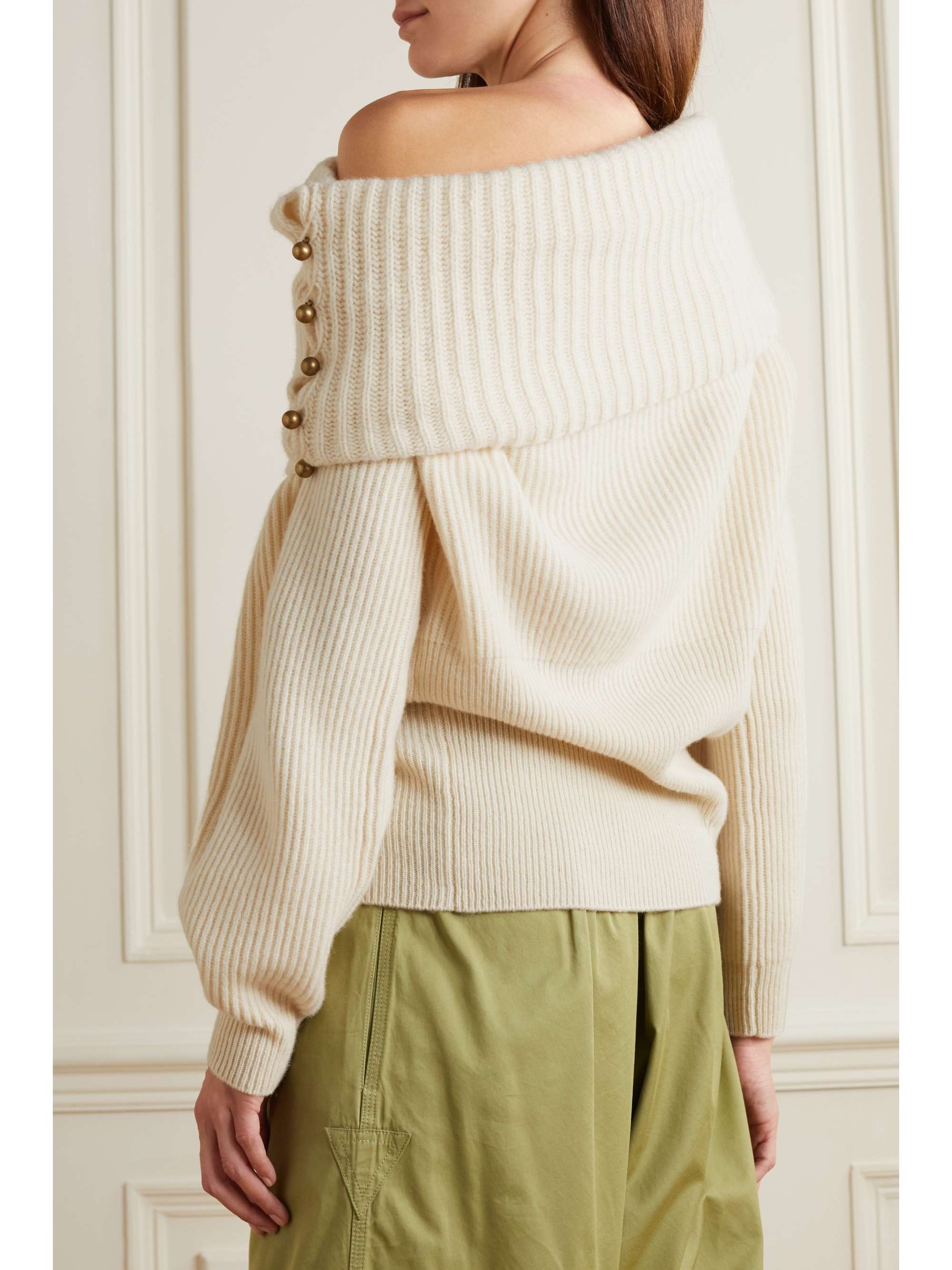STELLA MCCARTNEY Asymmetric embellished ribbed cashmere and wool-blend sweater