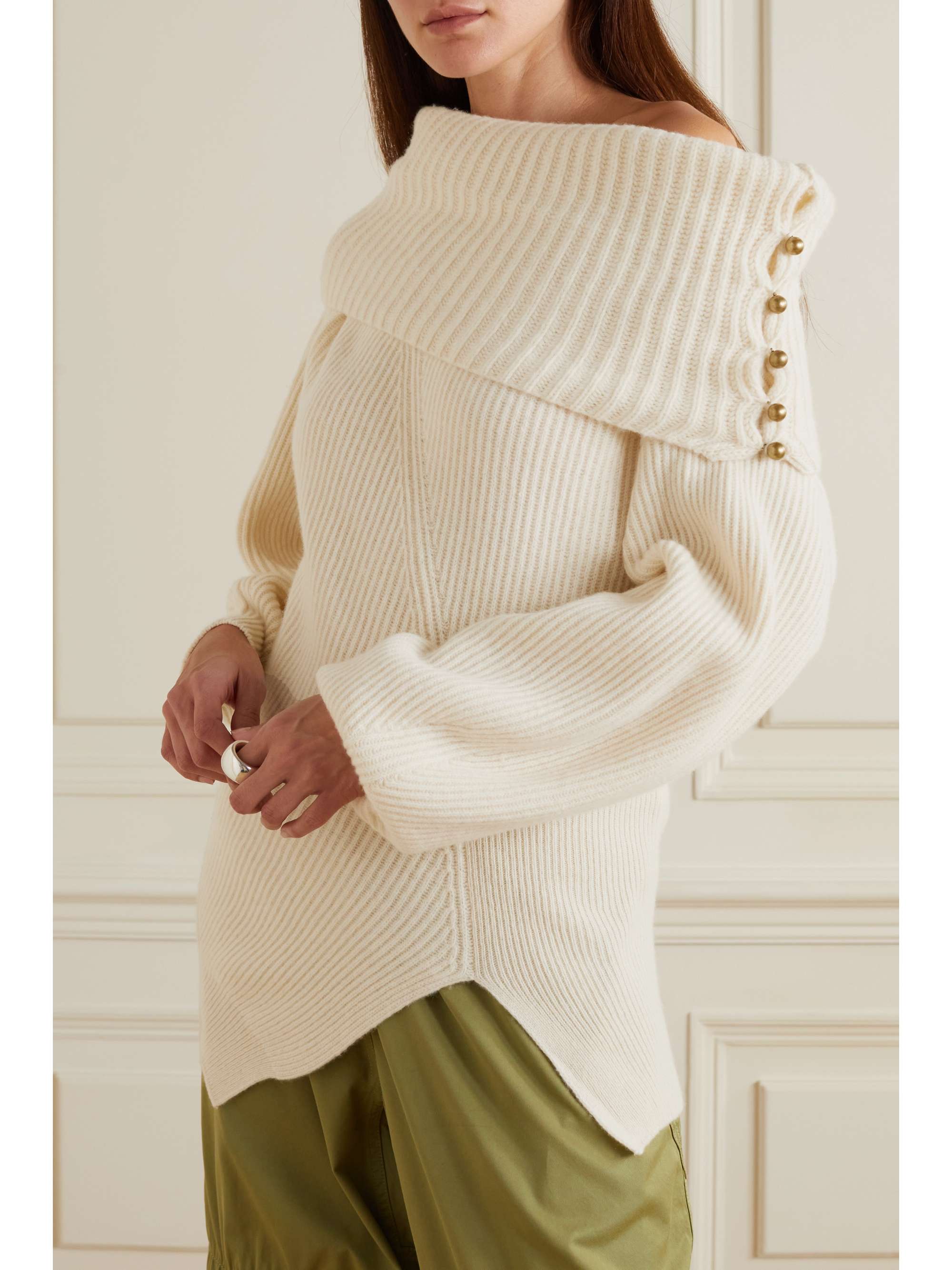 STELLA MCCARTNEY Asymmetric embellished ribbed cashmere and wool-blend sweater