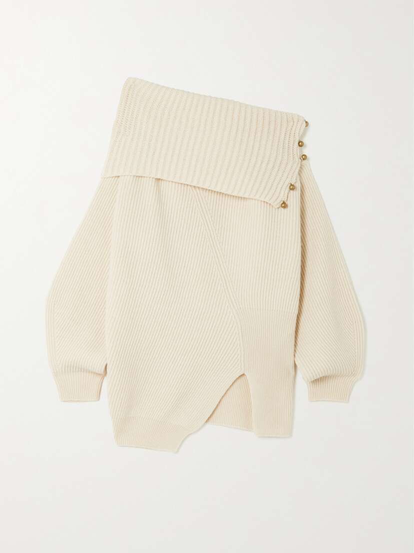 Stella McCartney Asymmetric Embellished Ribbed Cashmere And Wool-blend Sweater