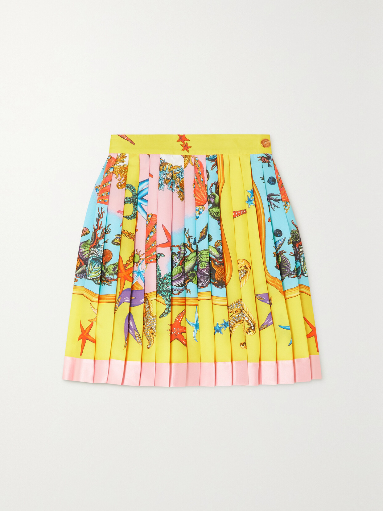 Versace Silk Satin-trimmed Pleated Printed Twill Mini Skirt - Yellow