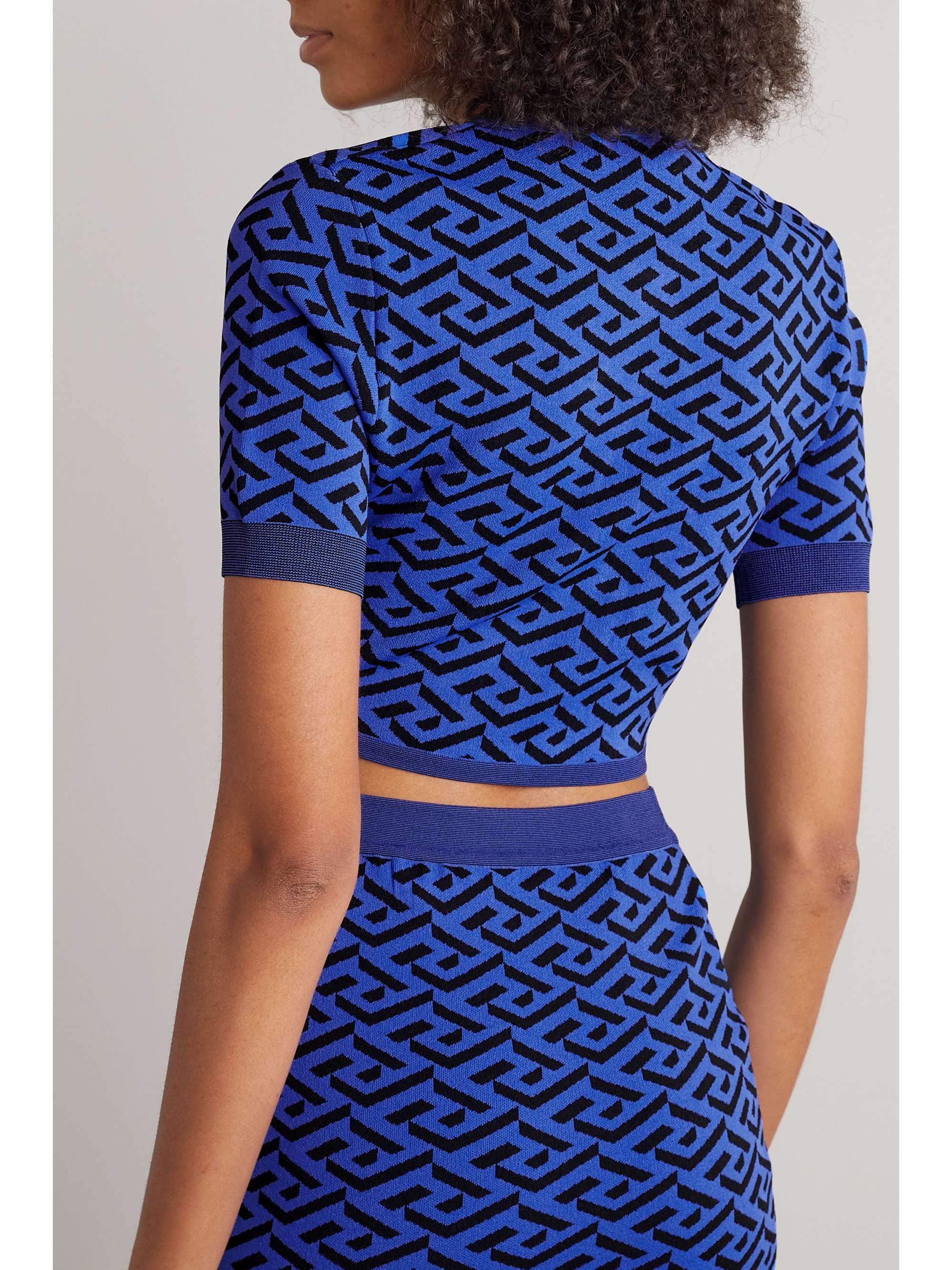 VERSACE La Greca cropped cutout jacquard-knit cardigan