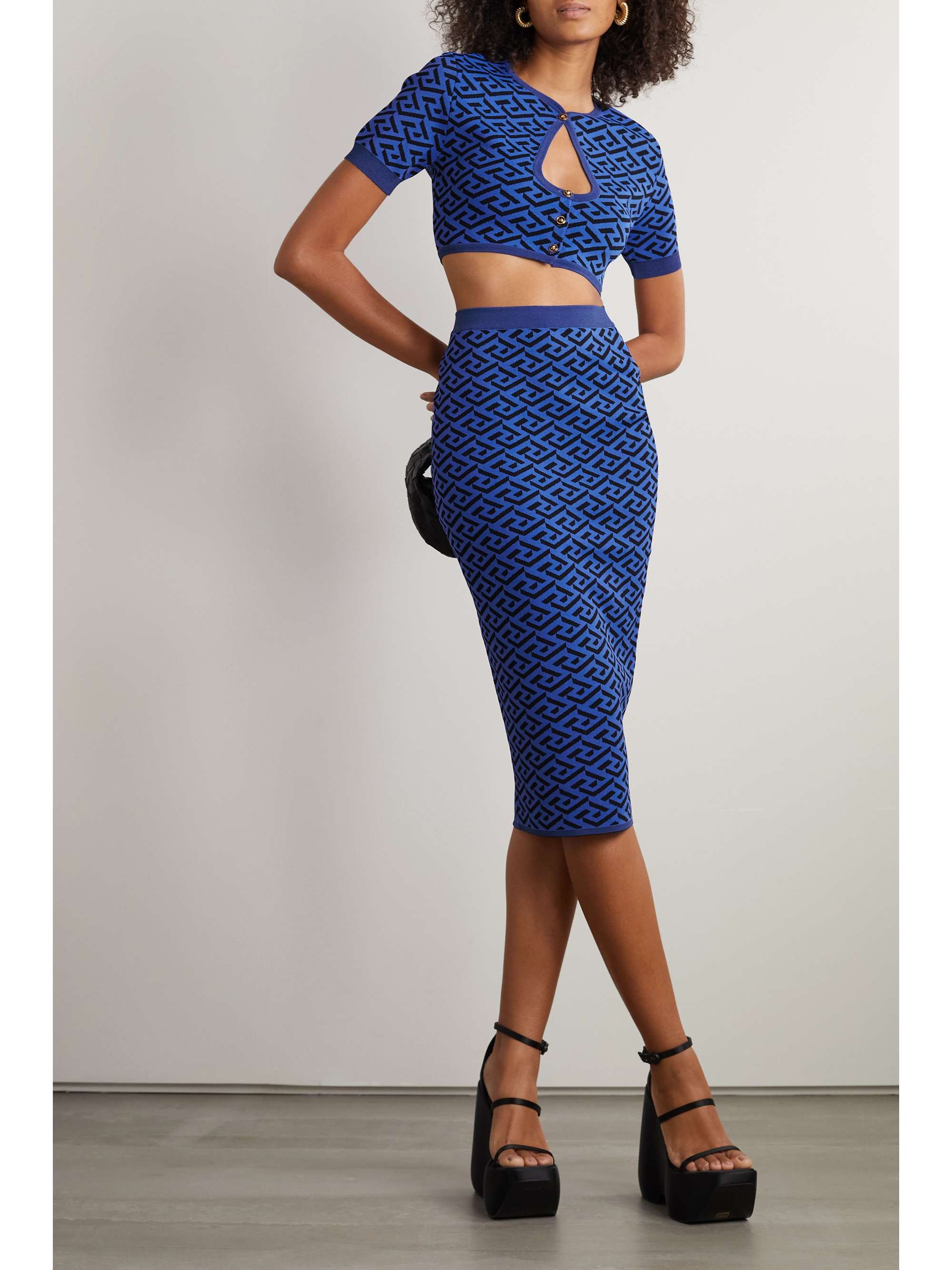 VERSACE La Greca cropped cutout jacquard-knit cardigan