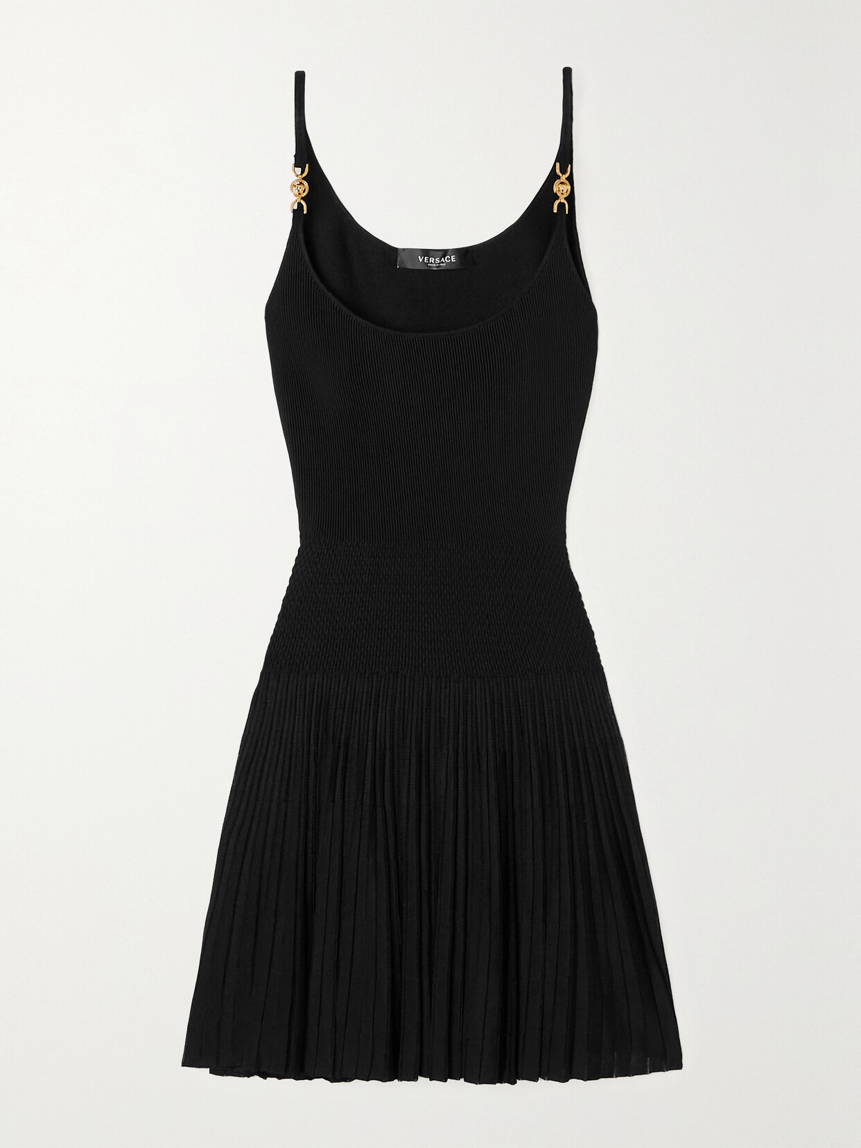 VERSACE PLEATED RIBBED-KNIT MINI DRESS