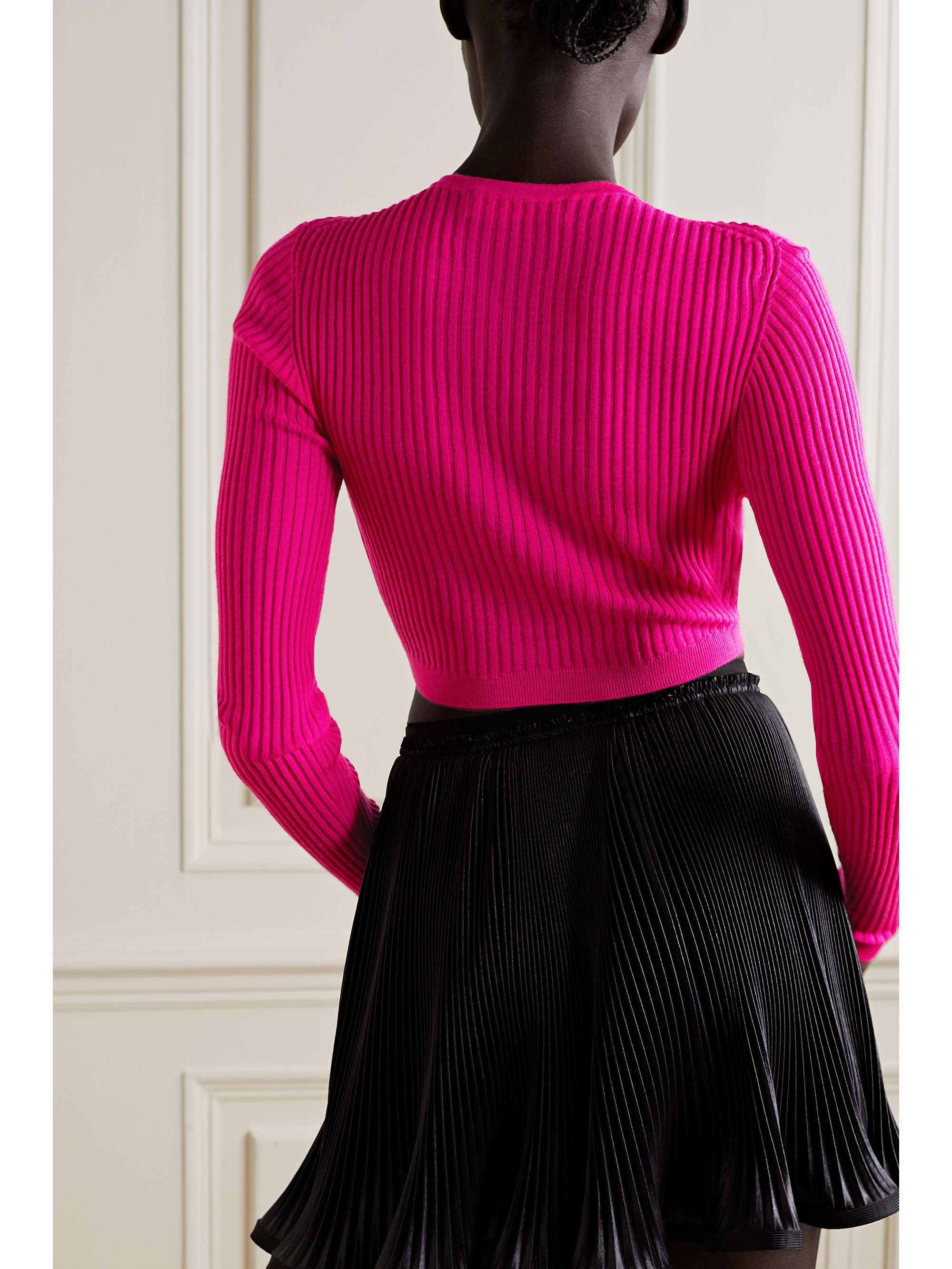 VERSACE Cropped cutout ribbed wool cardigan