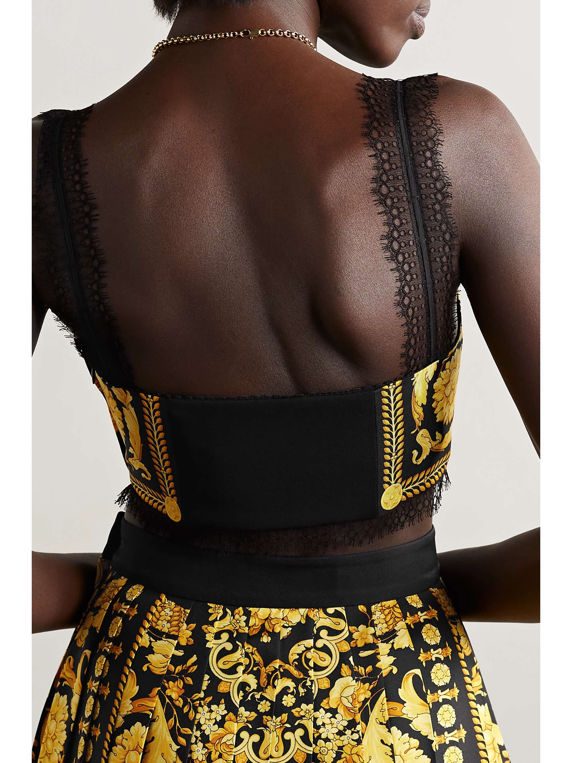 VERSACE Lace-trimmed printed silk-twill bralette