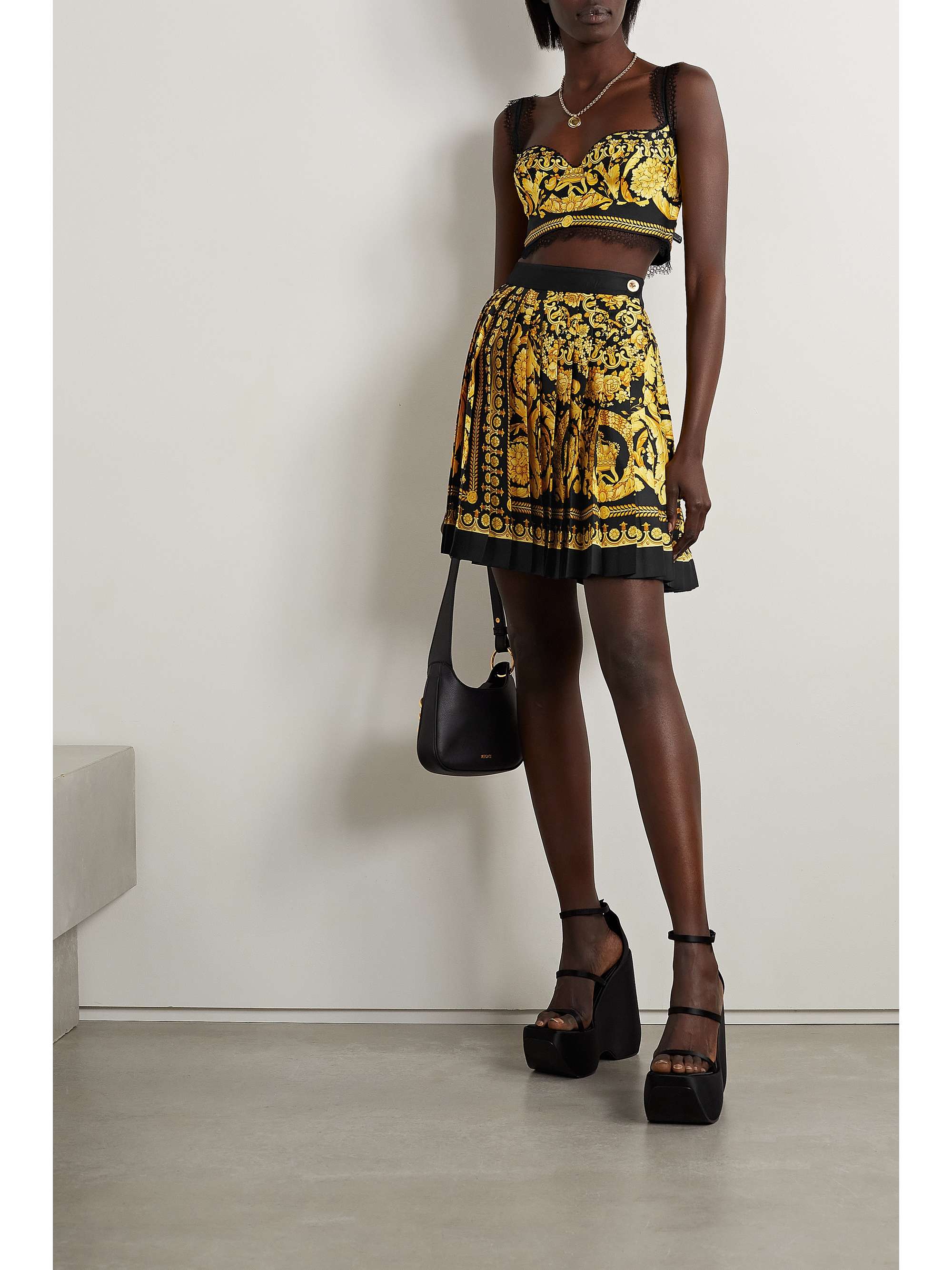 VERSACE Lace-trimmed printed silk-twill bralette