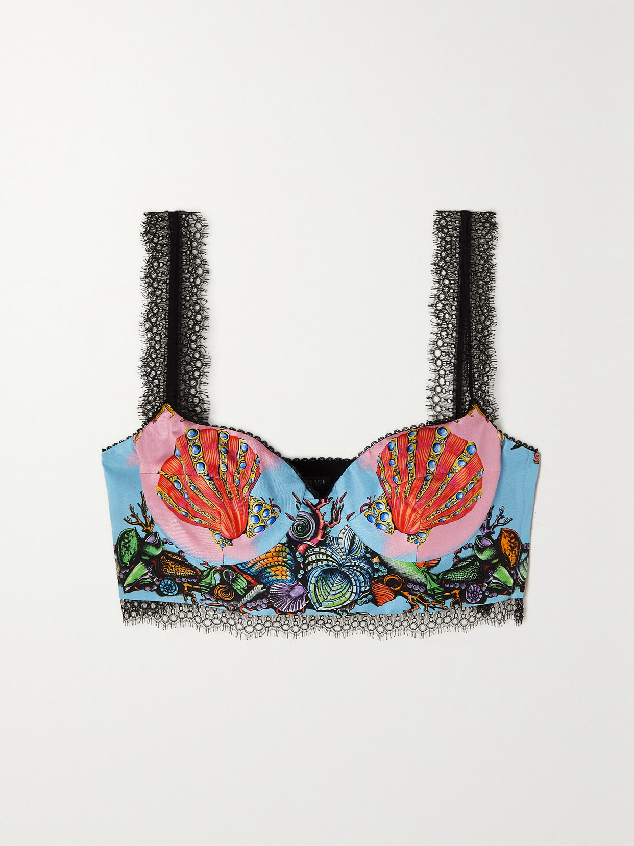 Versace Cropped Printed Silk-satin And Lace Top - Blue