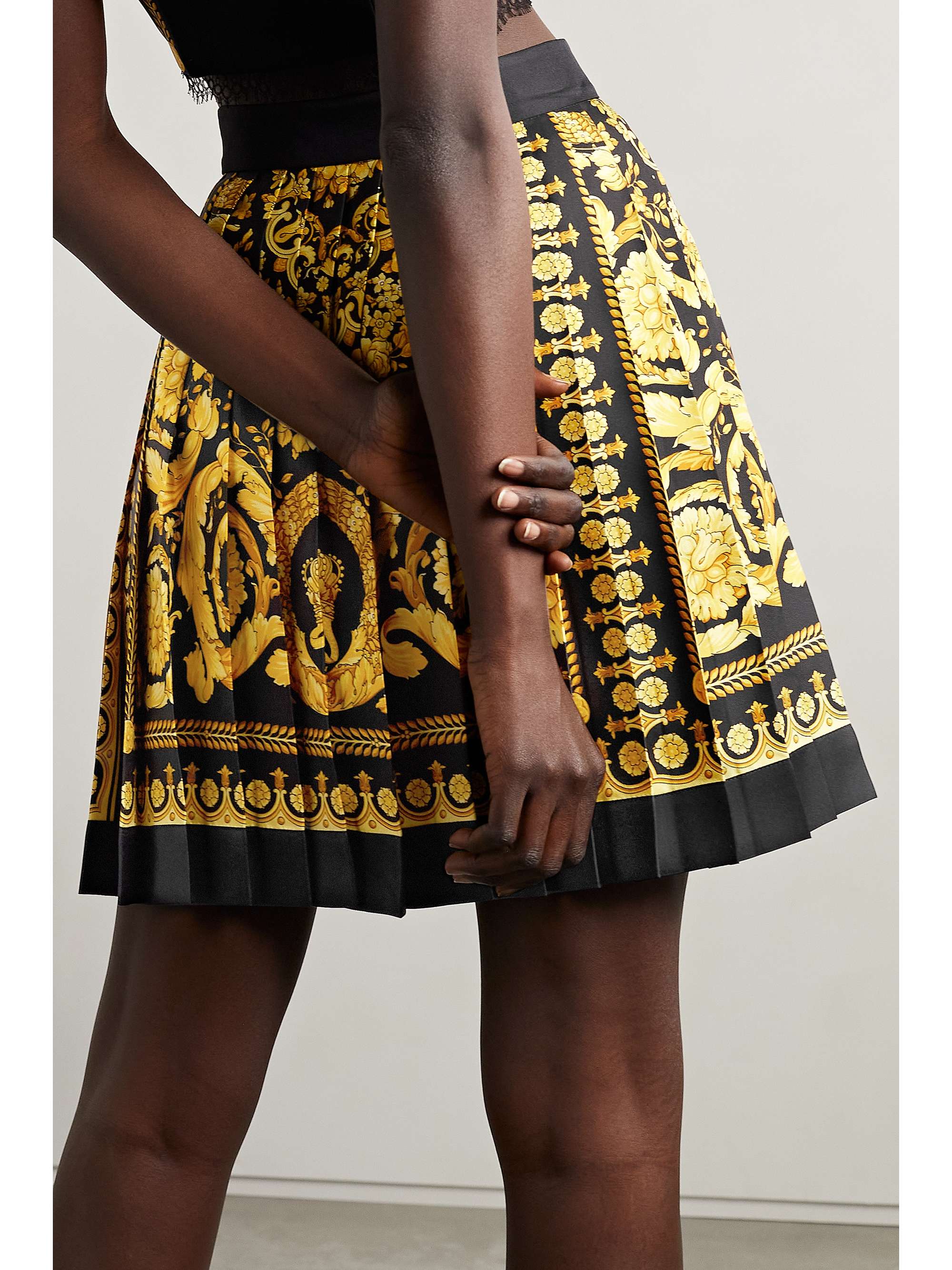 VERSACE Pleated printed silk-twill mini skirt