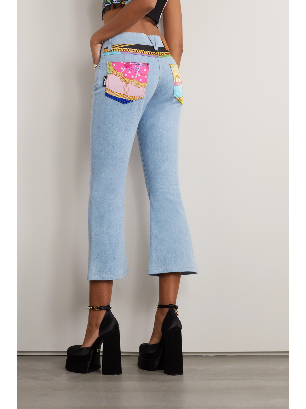 Versace Cropped Printed Twill-paneled Mid-rise Flared Jeans In Blue