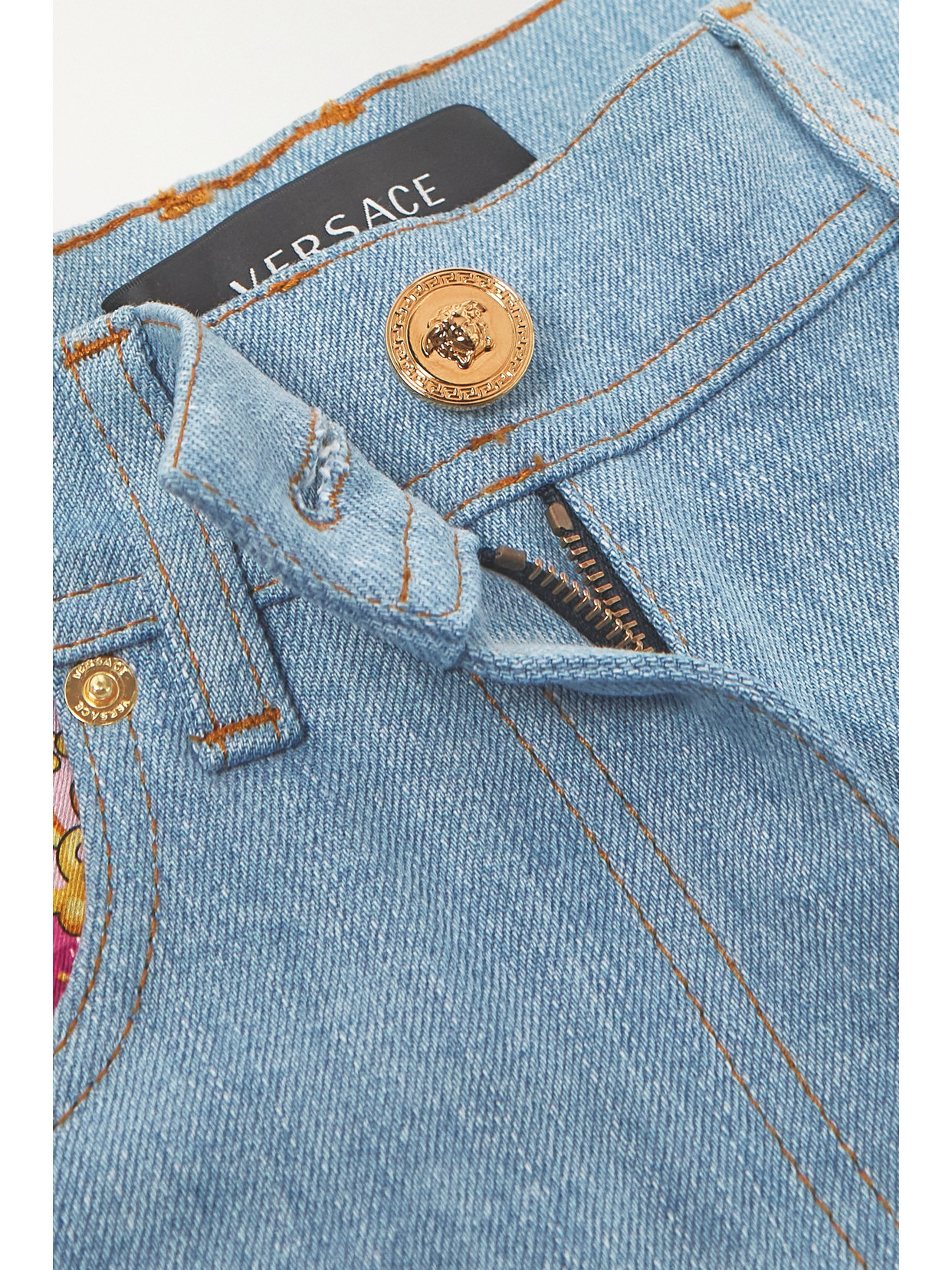 Versace Cropped Printed Twill-paneled Mid-rise Flared Jeans In Blue