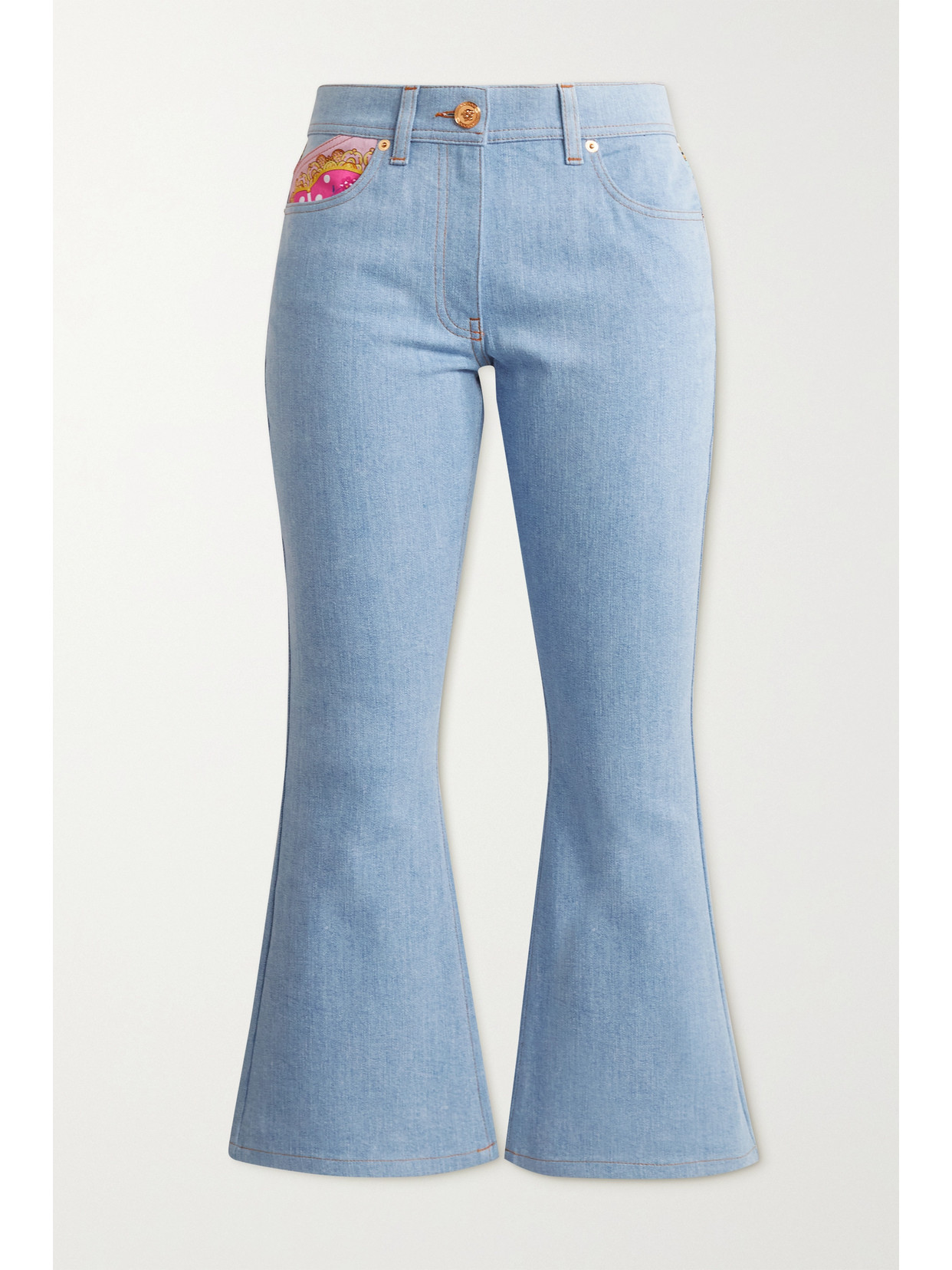 Versace Cropped Printed Twill-paneled Mid-rise Flared Jeans In Blue