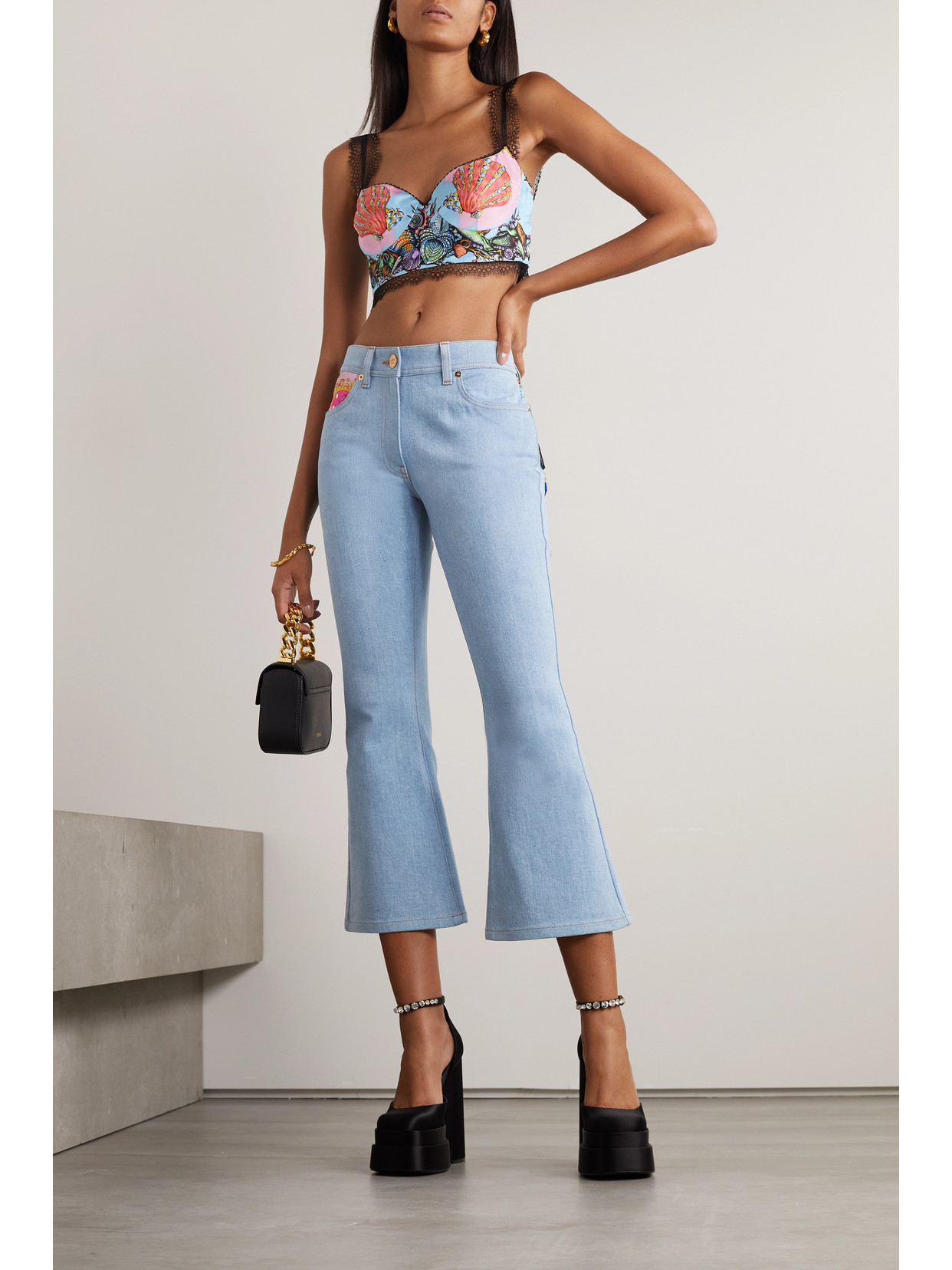Versace Cropped Printed Twill-paneled Mid-rise Flared Jeans In Blue