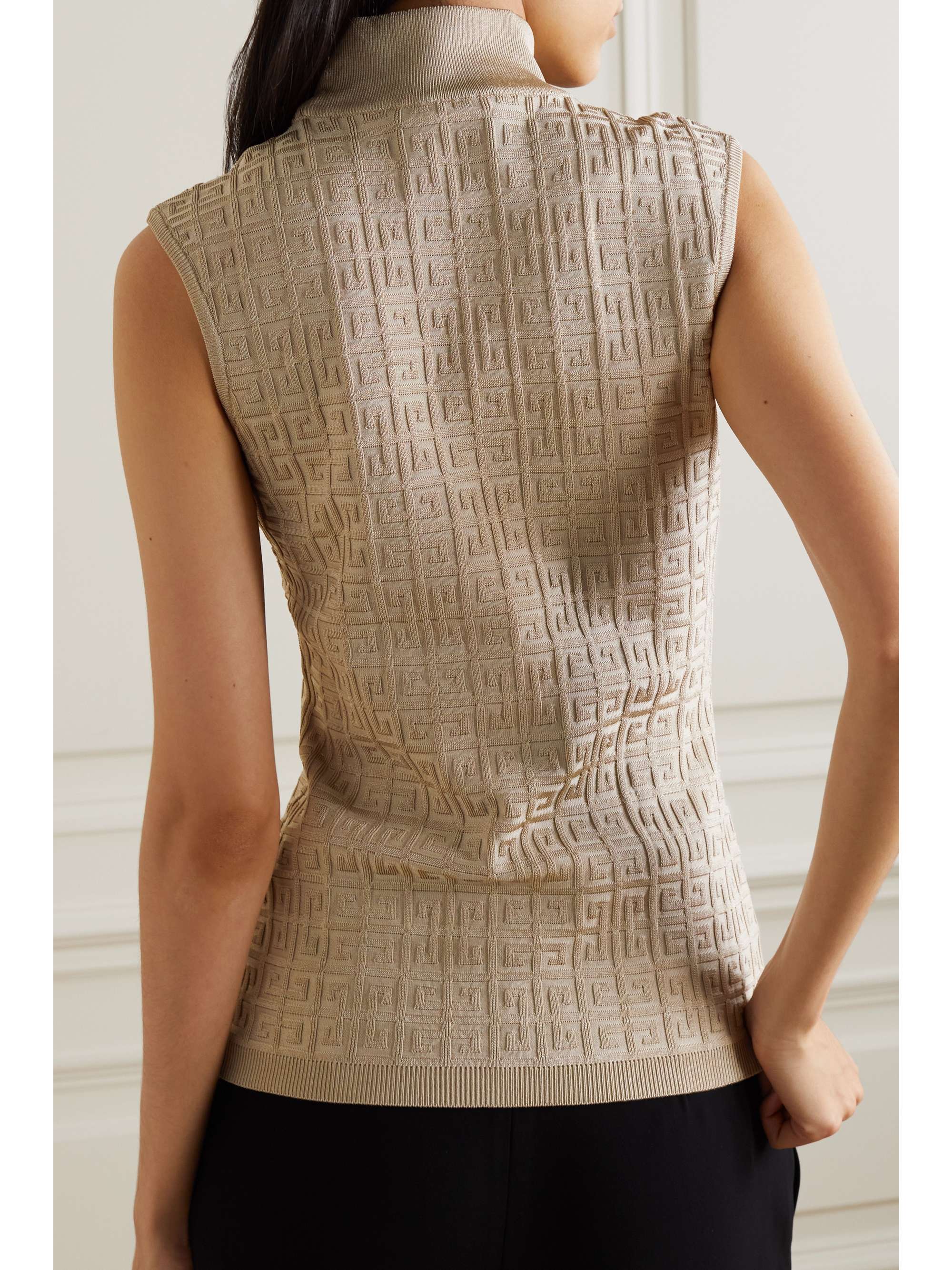Beige Jacquard-knit turtleneck top 