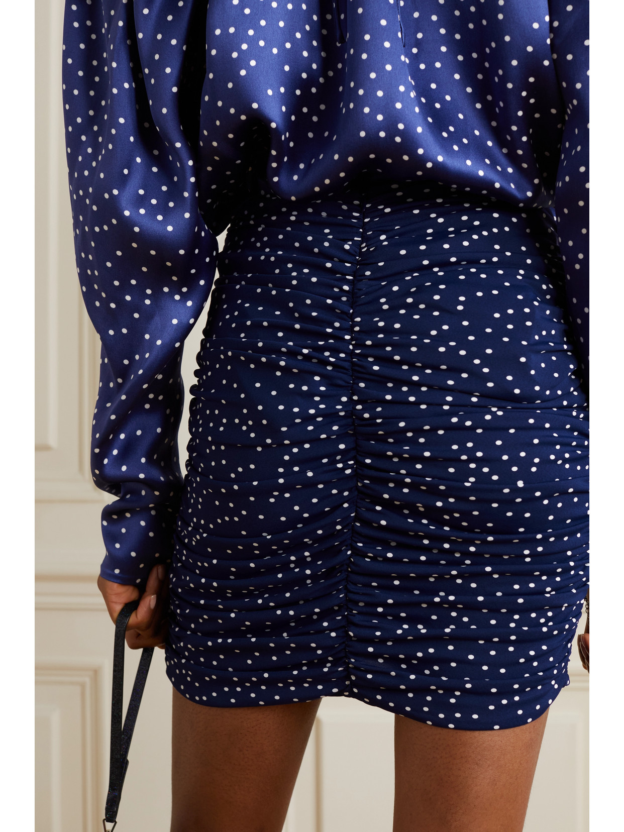 Magda Butrym Embellished Ruched Polka-dot Stretch-jersey Mini Skirt In Blue