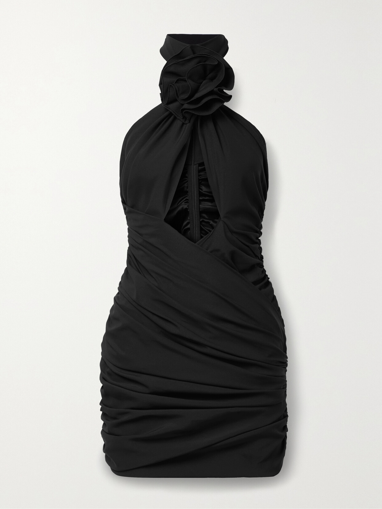 Magda Butrym Appliquéd Ruched Silk-blend Crepe Halterneck Mini Dress - Black