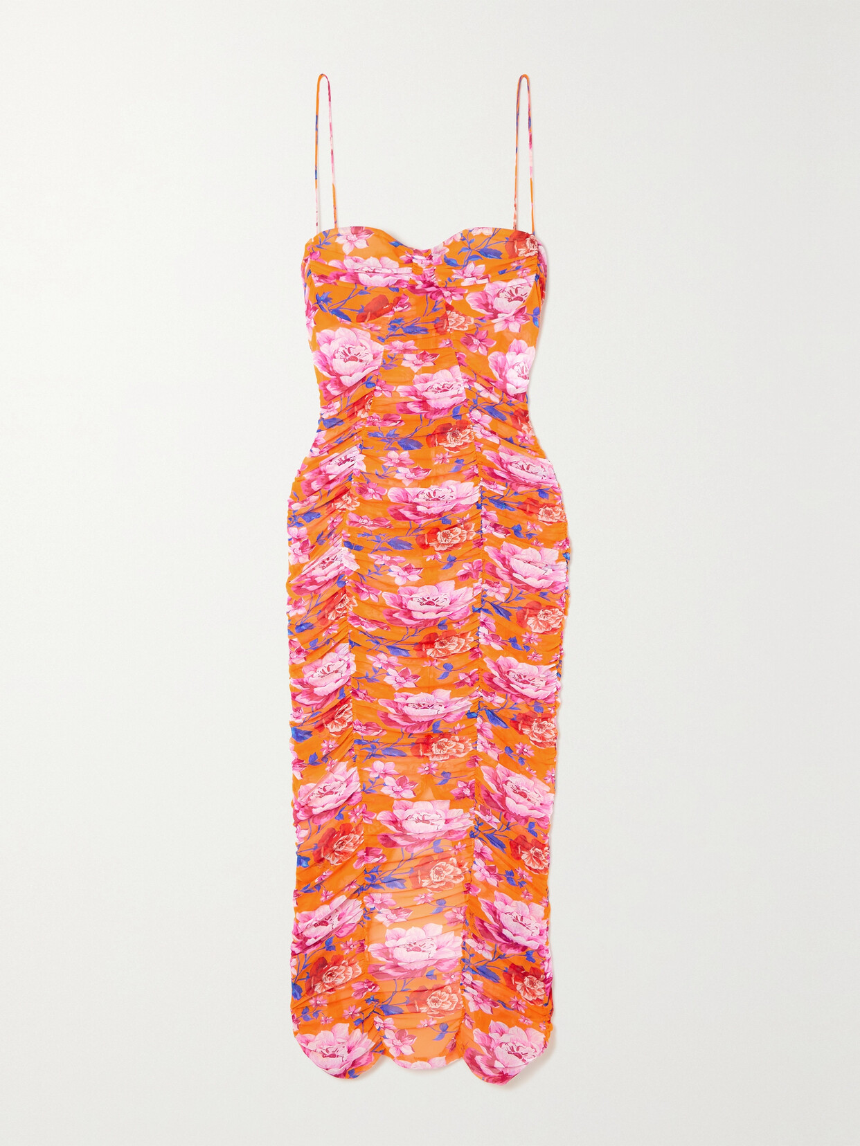 Magda Butrym Ruched Floral-print Stretch-mesh Midi Dress In Orange