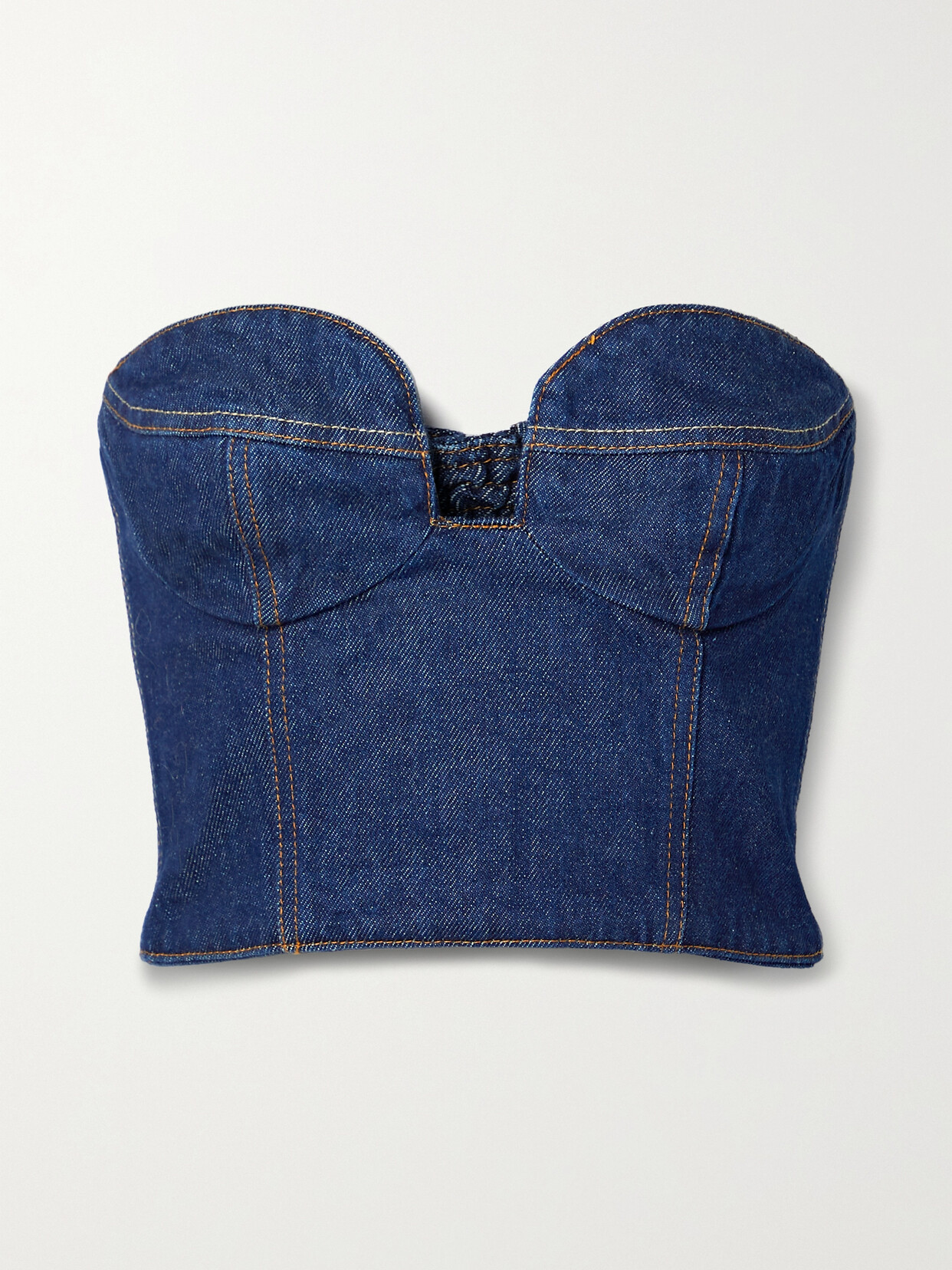 Shop Magda Butrym Strapless Cropped Denim Bustier Top In Blue