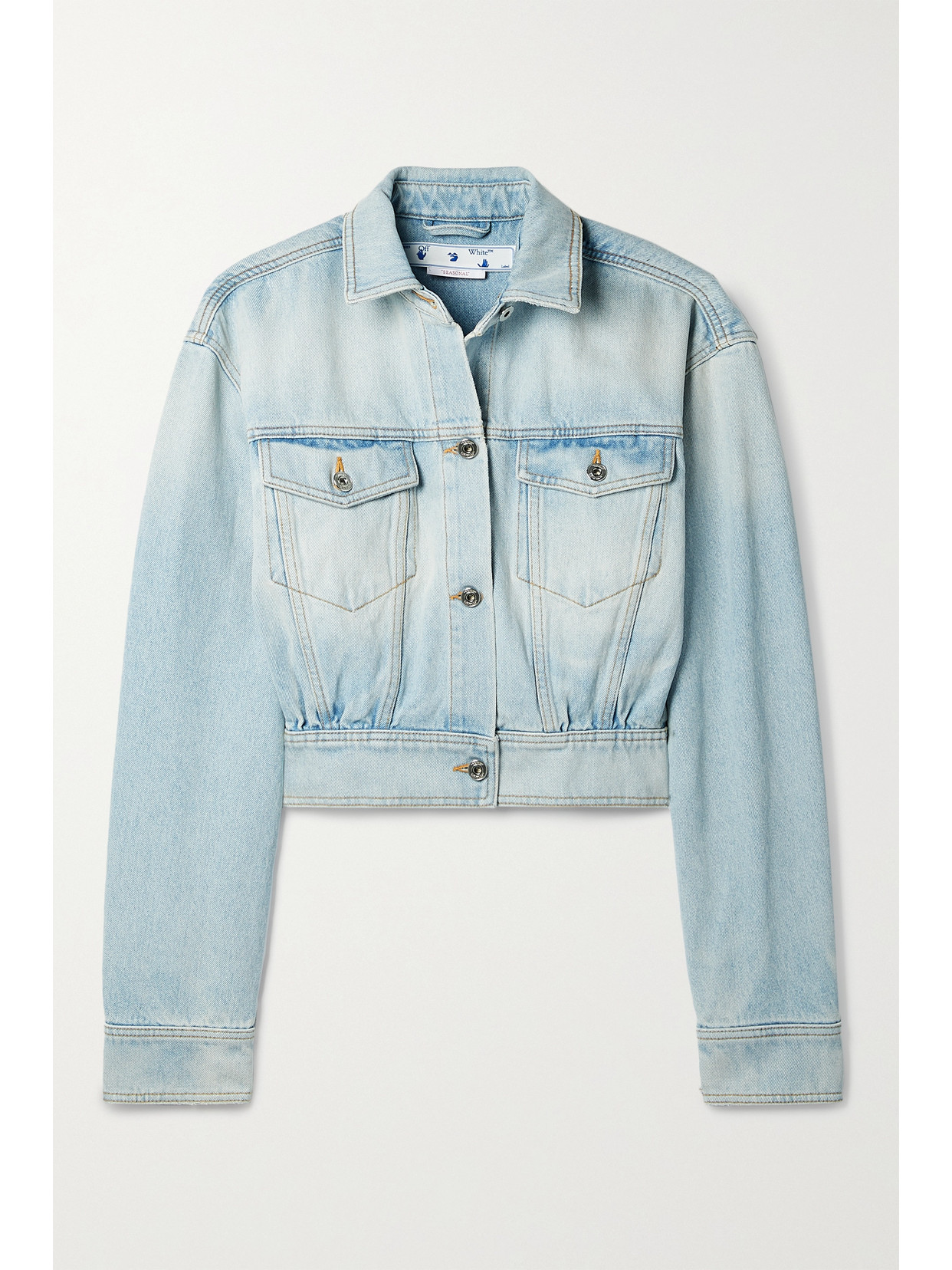 Off-white Toy Box Splatter Paint Crop Denim Jacket With Detachable Hood In Blue