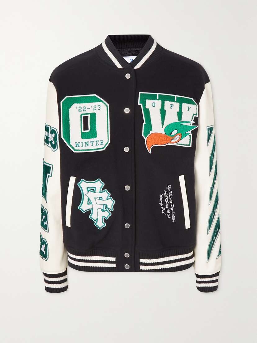 Off-White Appliquéd Padded Wool And Leather Jacket