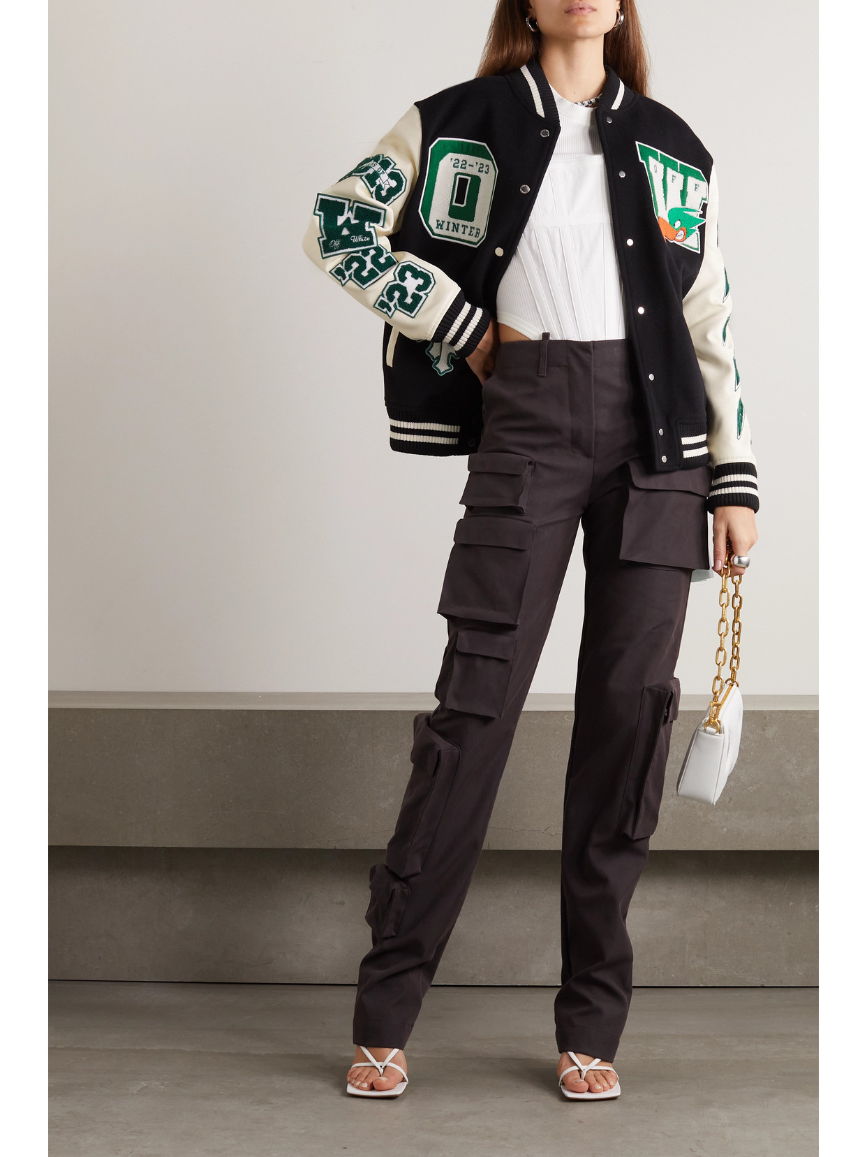 Shop Off-white Appliquéd Padded Wool And Leather Jacket In Black