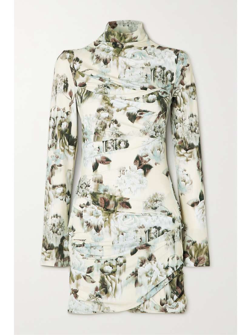Off-White Ruched Floral-print Stretch-crepe Mini Dress