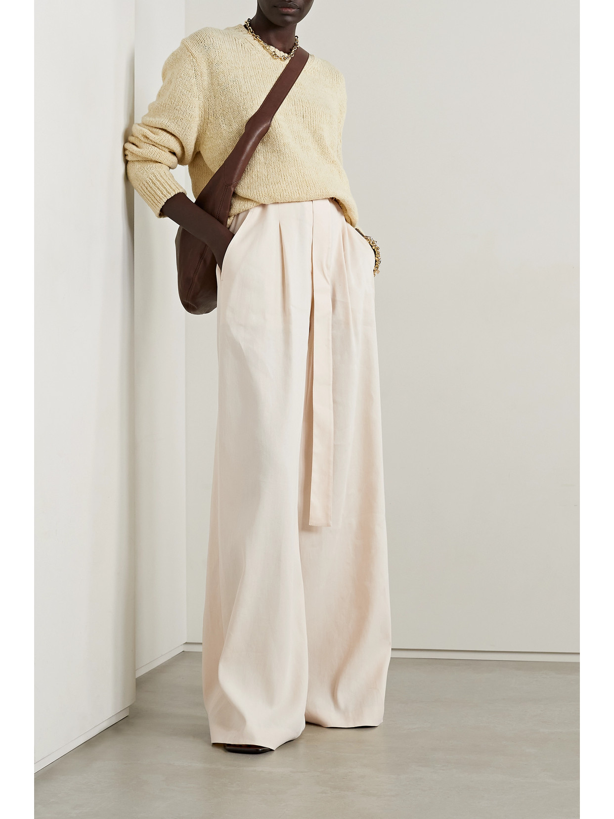 Lafayette148 Jagger Belted Wool And Silk-blend Twill Wide-leg Pants In Ivory