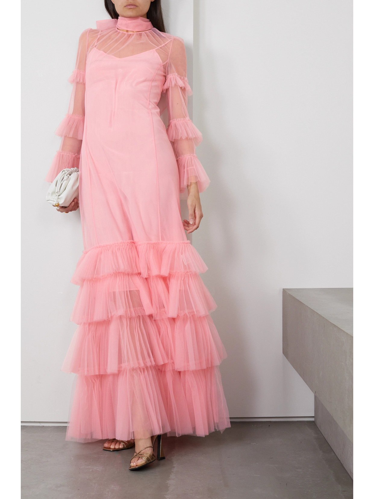 Shop Huishan Zhang Elisha Tie-detailed Tiered Silk-tulle Gown In Pink