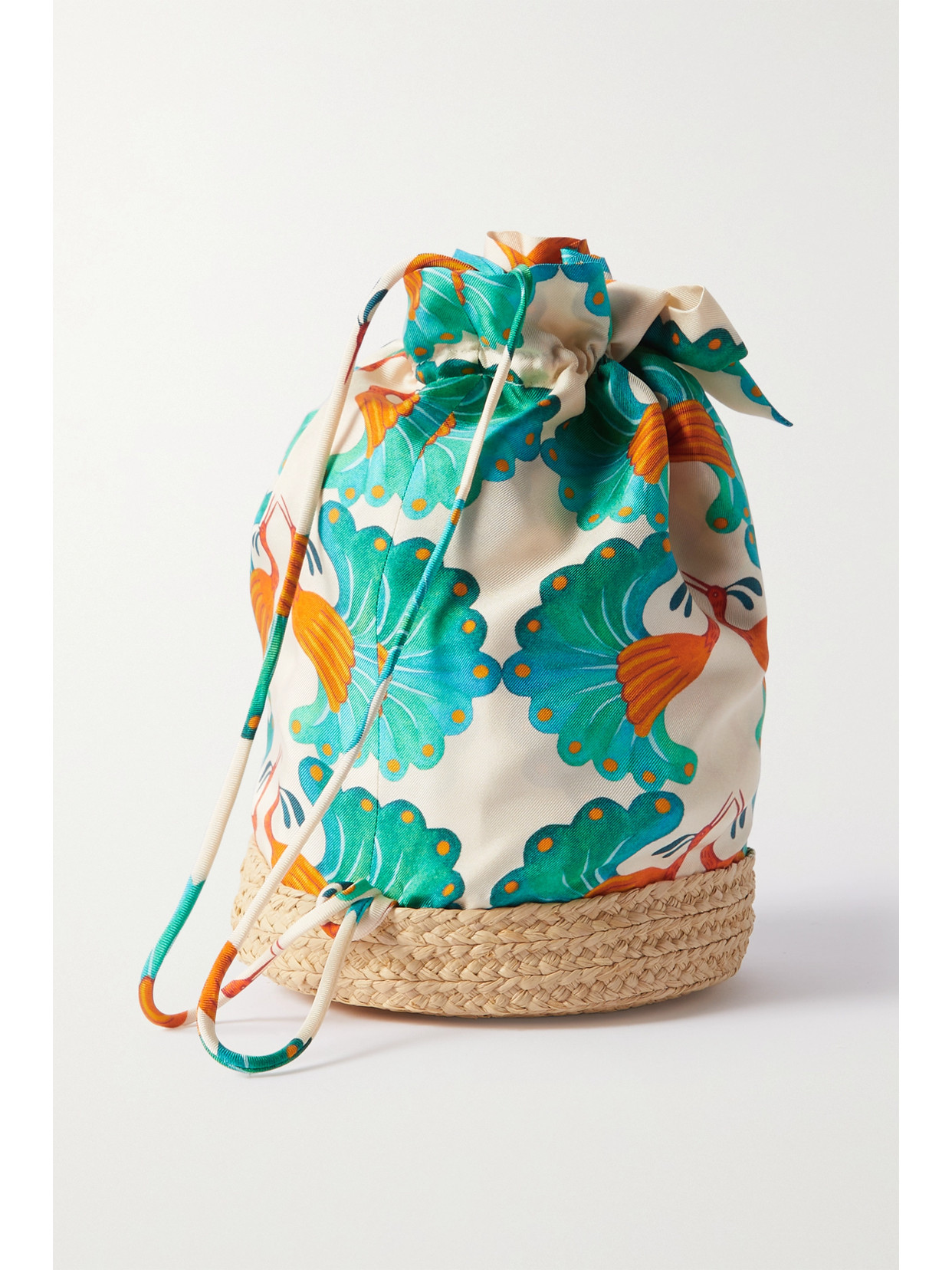 LA DOUBLEJ CELEBRATION RAFFIA-TRIMMED SILK-FAILLE BUCKET BAG