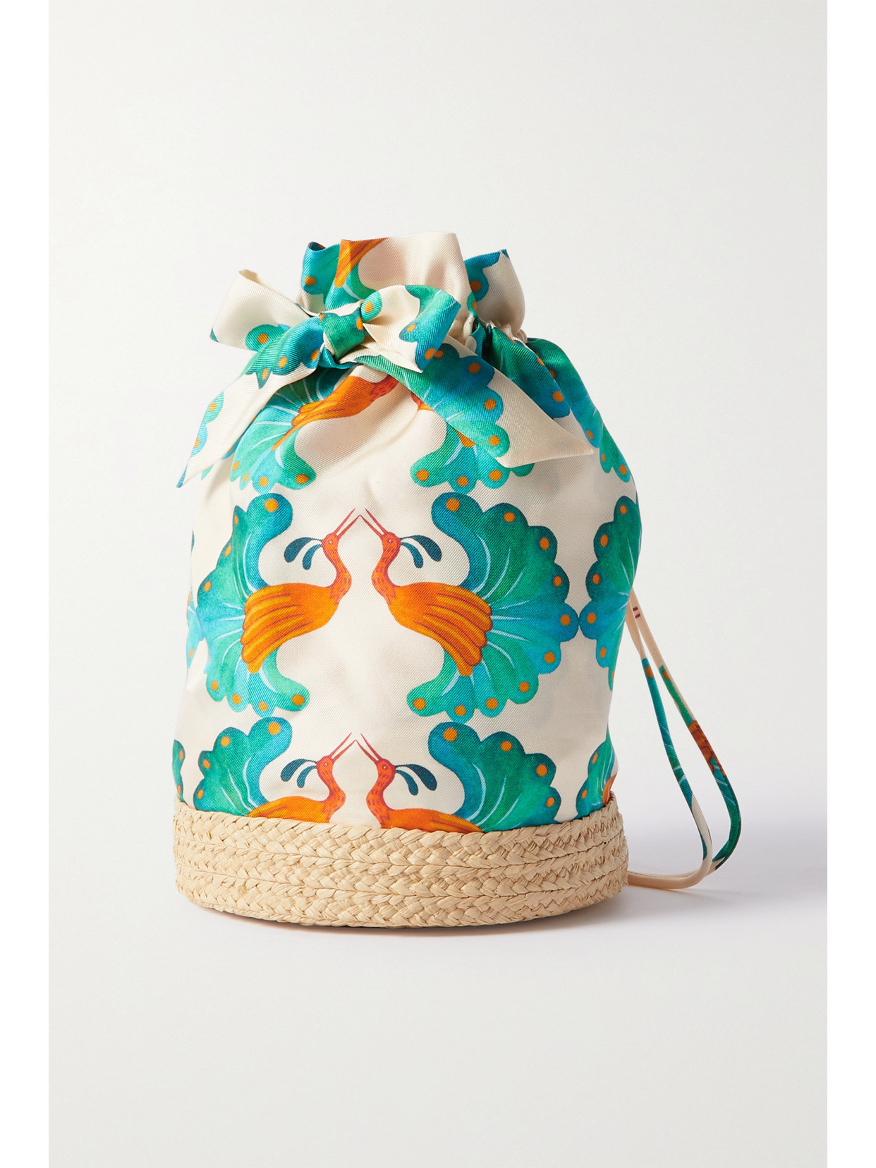 LA DOUBLEJ CELEBRATION RAFFIA-TRIMMED SILK-FAILLE BUCKET BAG
