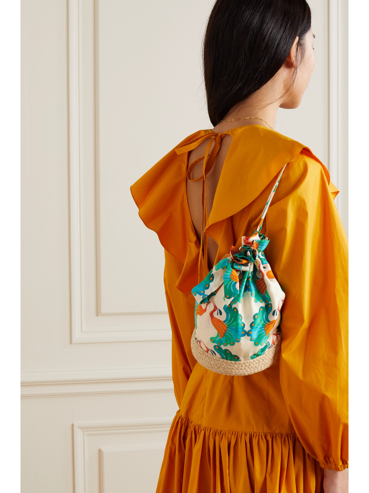 LA DOUBLEJ CELEBRATION RAFFIA-TRIMMED SILK-FAILLE BUCKET BAG