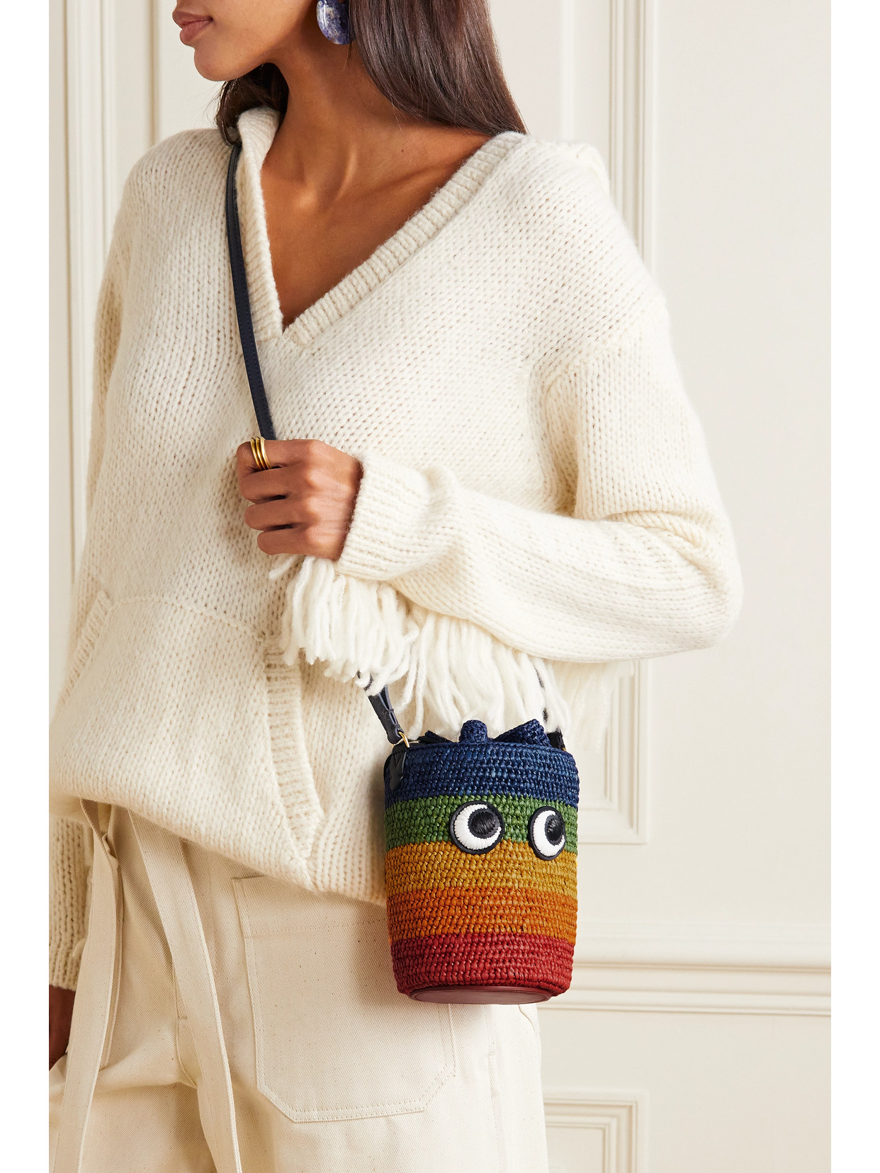 Eyes Leather-trimmed Woven Raffia Shoulder Bag In Orange